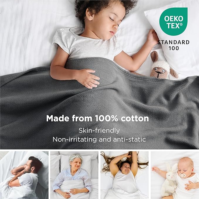 Bedsure 100% Cotton Large Blanket Oversized King for Bed 120x94 inches - Breathable Soft Cozy Herringbone Woven Blanket for Summer Spring, Couch Cover, Dark Grey