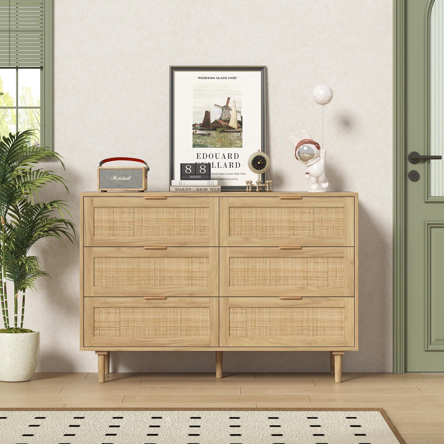 Furnideco 6 Drawer Rattan Dresser for Bedroom Wood Dresser for Closet with Solid-Wood Legs Boho Chest of Drawers Beside Table for Bedroom, Living Room, Natural