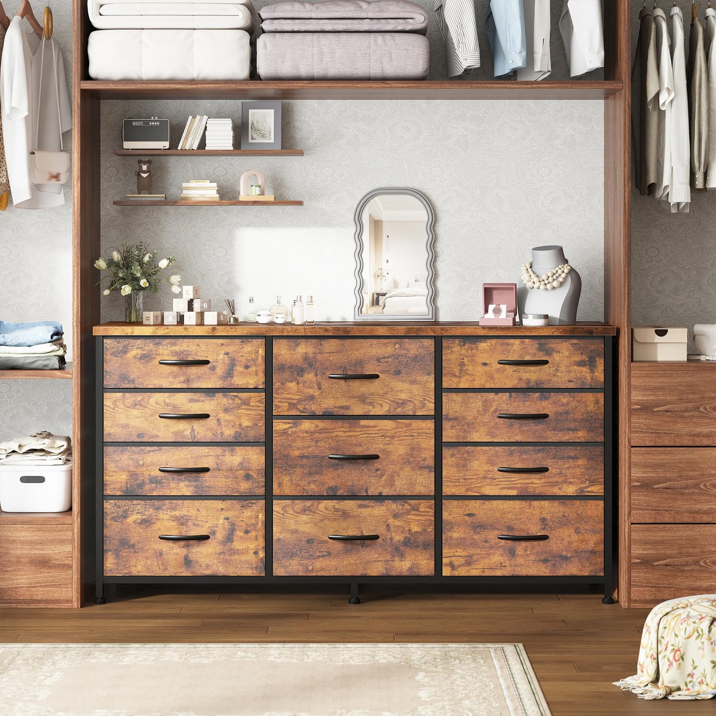 Romorgniz Dresser for Bedroom with 11 Fabric Drawers, Dresser TV Stand for 50, 55 Inch TV, Sturdy Storage Dressers & Chests of Drawers for Closet, Entryway (Rustic Brown)