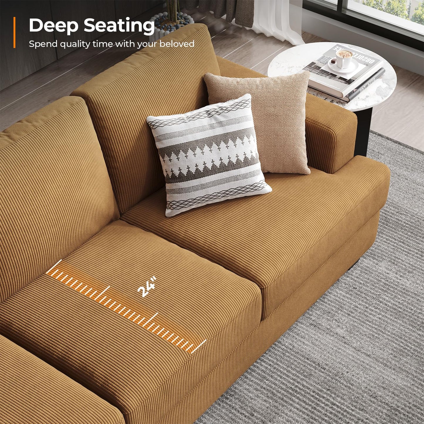 COPIAE 89 Inch Sofa with Extra Deep Seats Oversize, Corduroy Fabric 3 Seater Sofa for Living Room, Modern Couch and Sofa, Comfy Armrests and Seats and Backrests, Easy Installation, Ginger Yellow