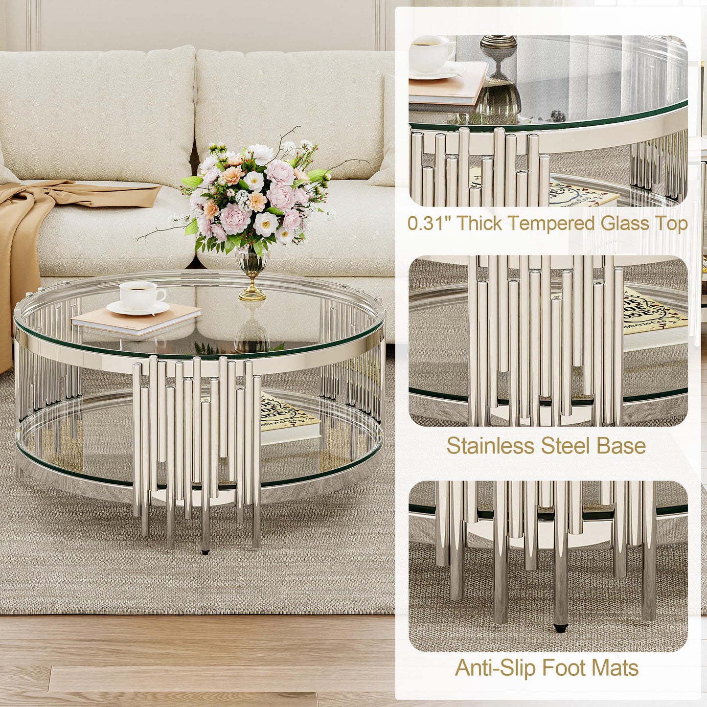 Round Glass Coffee Table, 35" Modern 2-Tier Center Table with Clear Tempered Glass Top and Silver Stainless Steel Base, Coffee Table for Living Room or Small Spaces