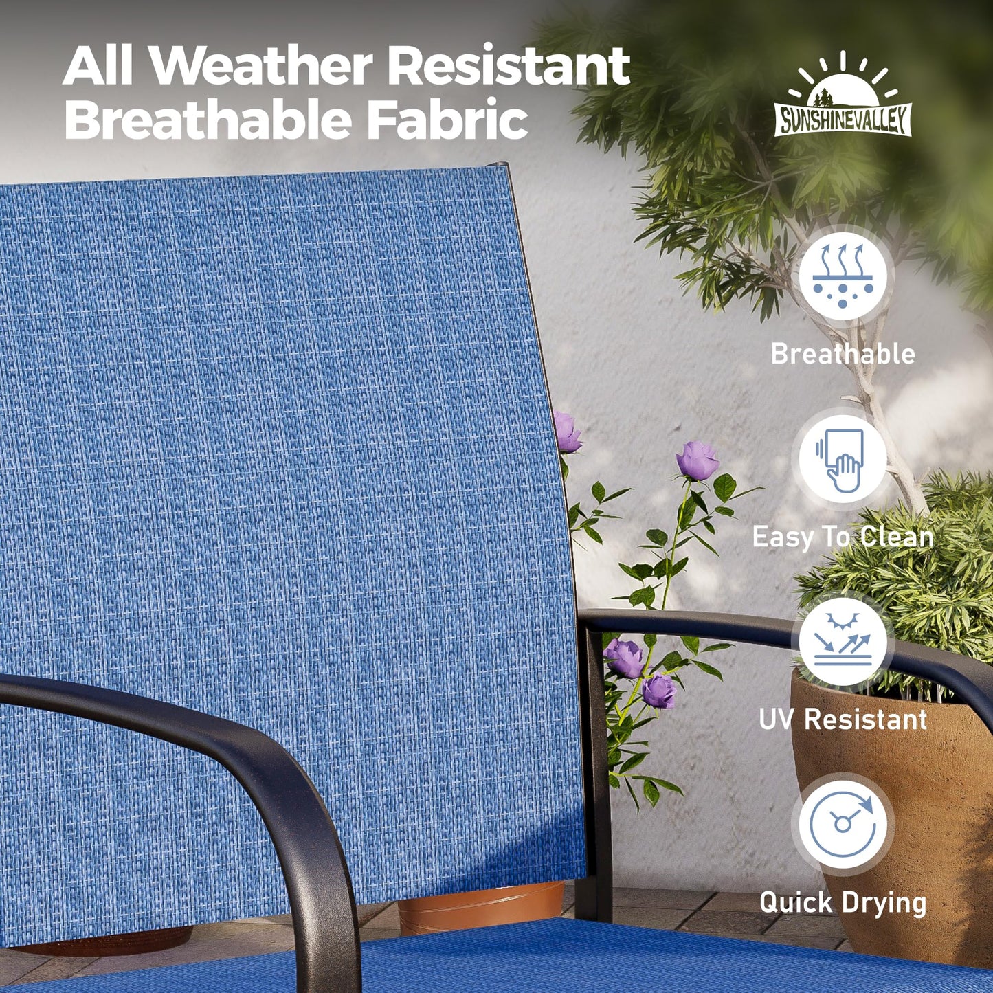 SUNSHINE VALLEY 5 Piece Patio Dining Set for 4, 37”x37” Square Table with Umbrella Hole and 4 Metal Blue Chairs, Outdoor Table and Chairs Set for Lawn Backyard and Deck