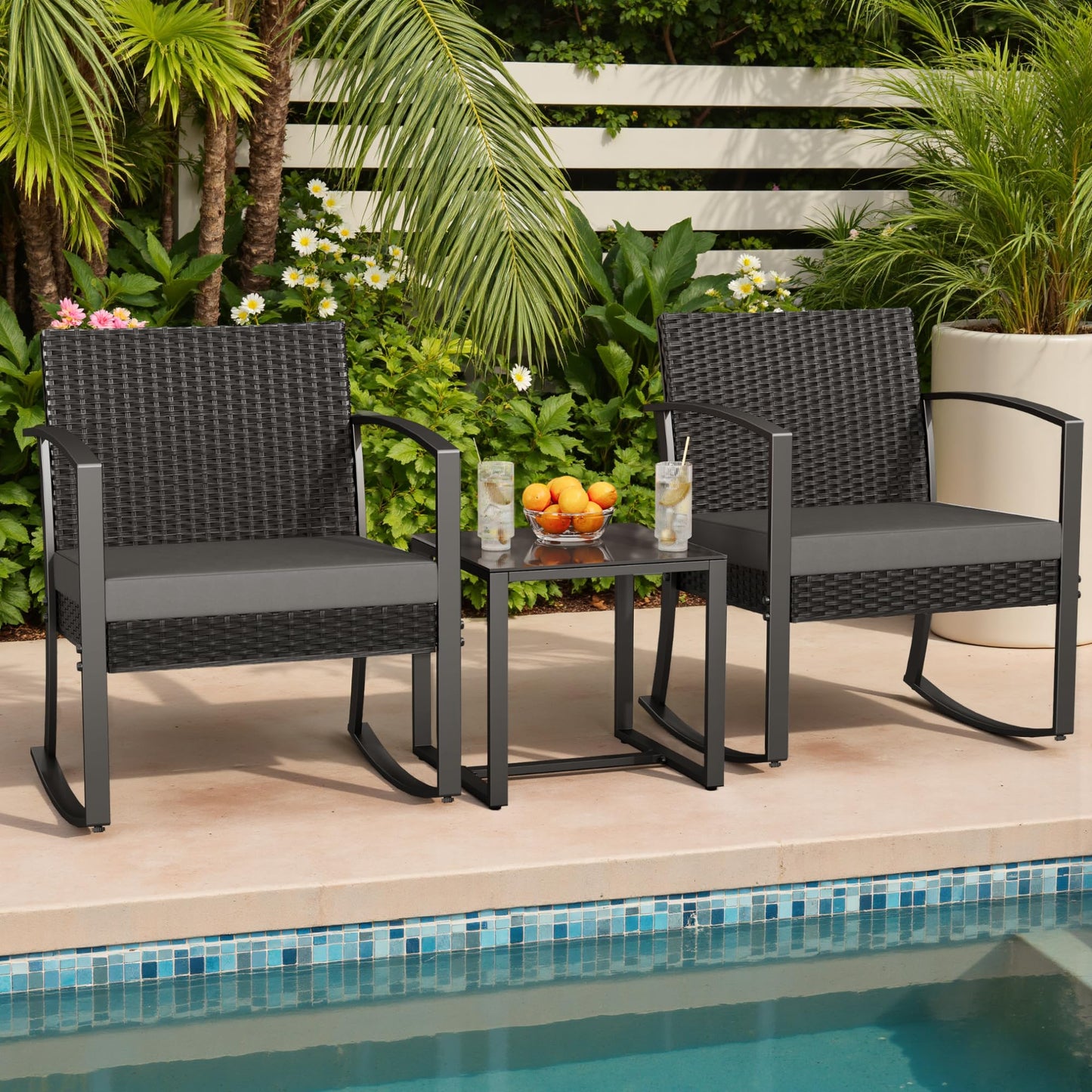 Greesum 3 Piece Patio Furniture Set, All-Weather Imitation Rattan Conversation Set, Outdoor Rocking Chair Bistro Set with Glass Top Coffee Table for Pool, Deck, Porch, Garden or Balcony, Grey