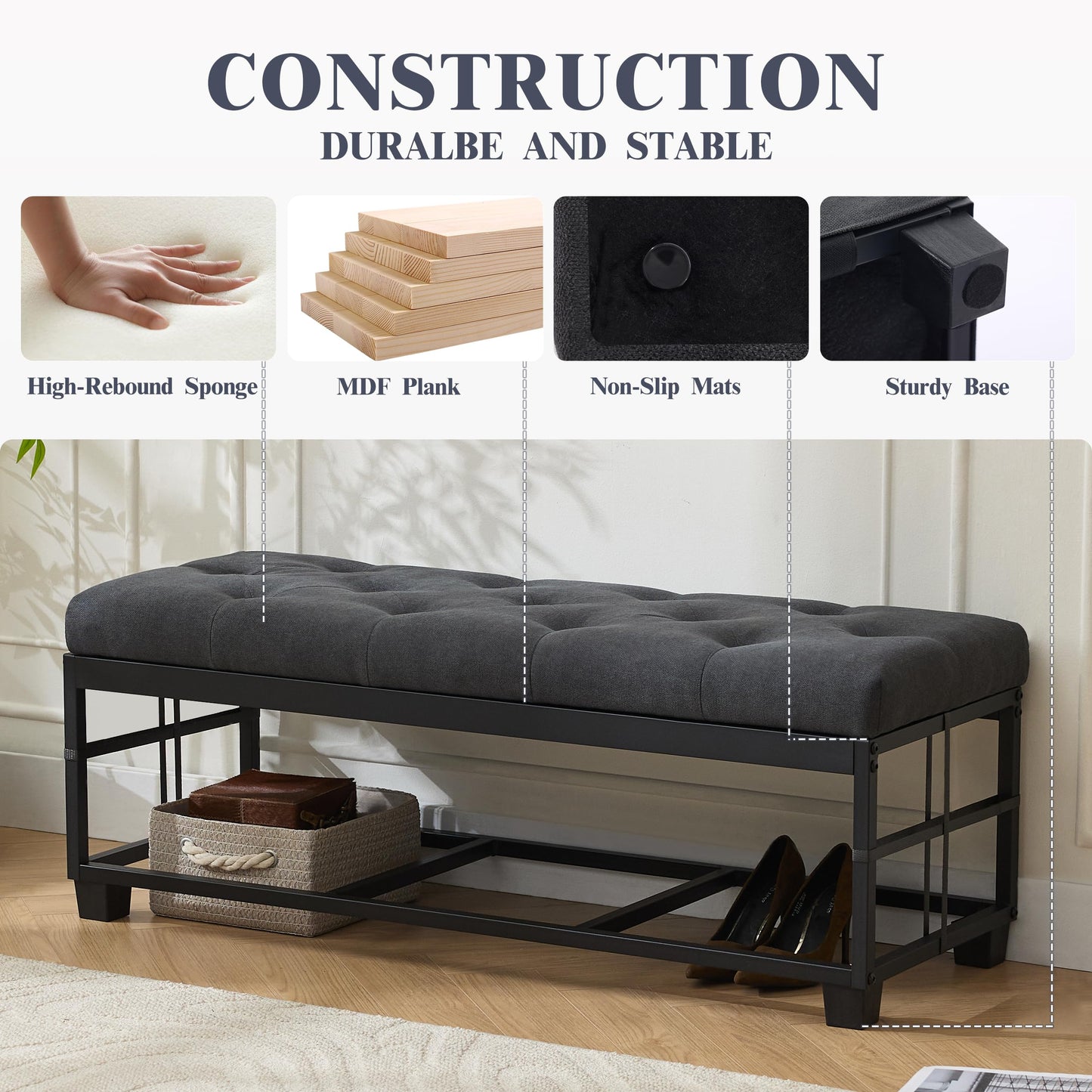 Mangodan 43’’ Storage Ottoman Bench, Linen Entryway Benches Load up to 660 Lb, Modern End of Bed Benches for Bedroom, Ottoman with Storage Bench for Living Room, Dark Gray