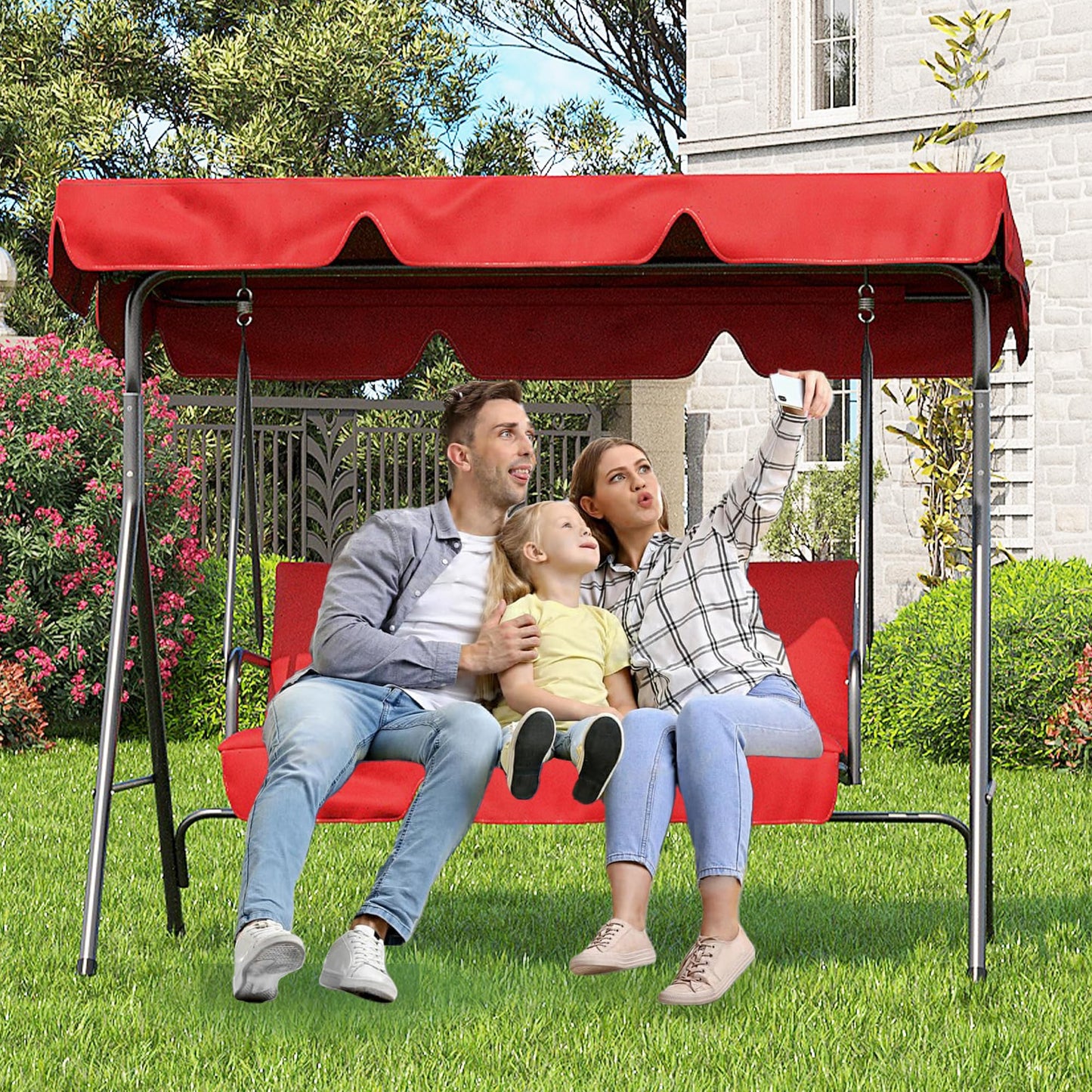 Outdoor Swing Chair with Adjustable Canopy, 3-Person Outdoor Patio SwingChair with Adjustable Tilt Shade, Porch Swing 3 Seater with Canopy