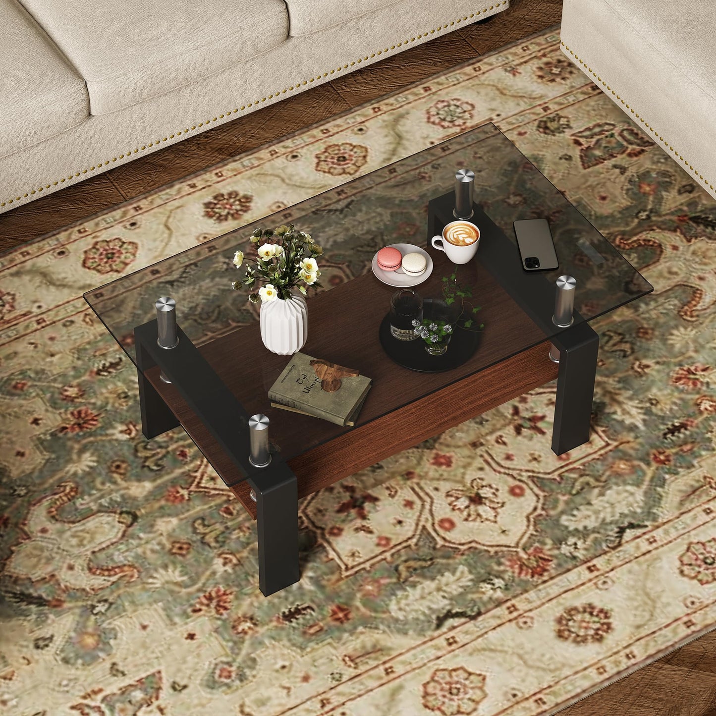 IANIYA Rectangle Tempered Glass Coffee Table, Rectangle Living Room Center Table, Modern Tea Table with Tempered Glass Tabletop and Wood Layer (1, Gray)
