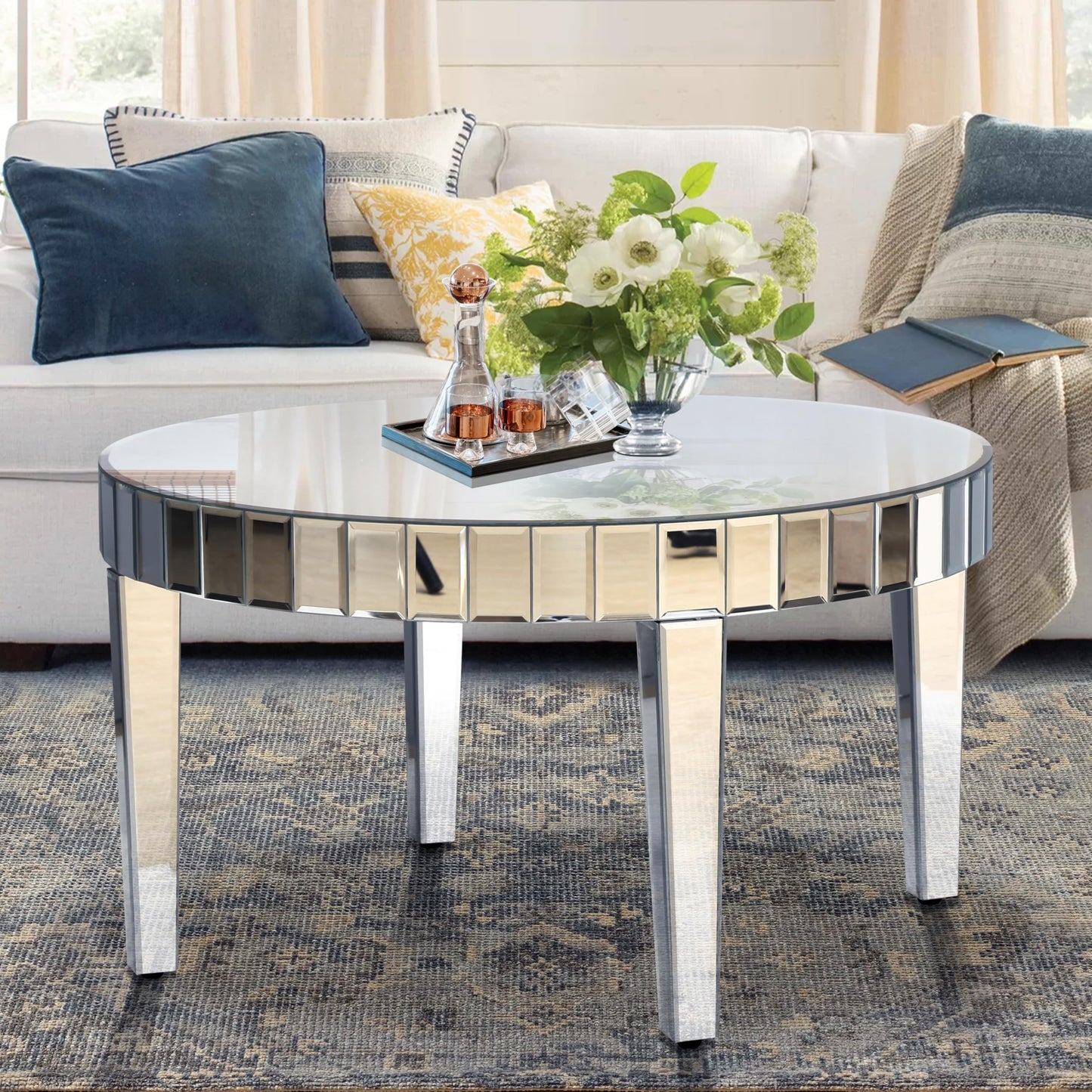 KUVADAZ Silver Mirrored Coffee Table, 31.5" Round Mirror Center Table with Starburst Mirror Mosaic Design, Modern Luxury Mirrored Furniture Glass Top Cocktail Tea Table for Living Room
