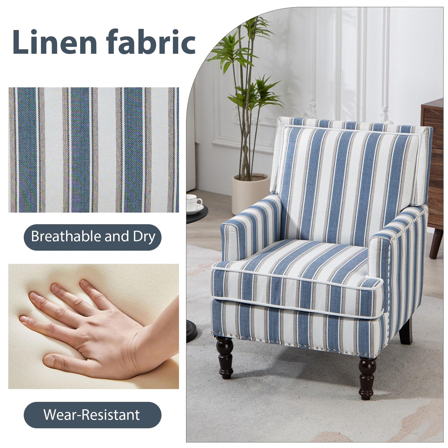 WakeZero Accent Chair, Modern Comfy Mid-Century Accent Chairs Upholstered Lounge Armchair with Solid Wood Frame for Living Room/Bedroom-Blue Stripe