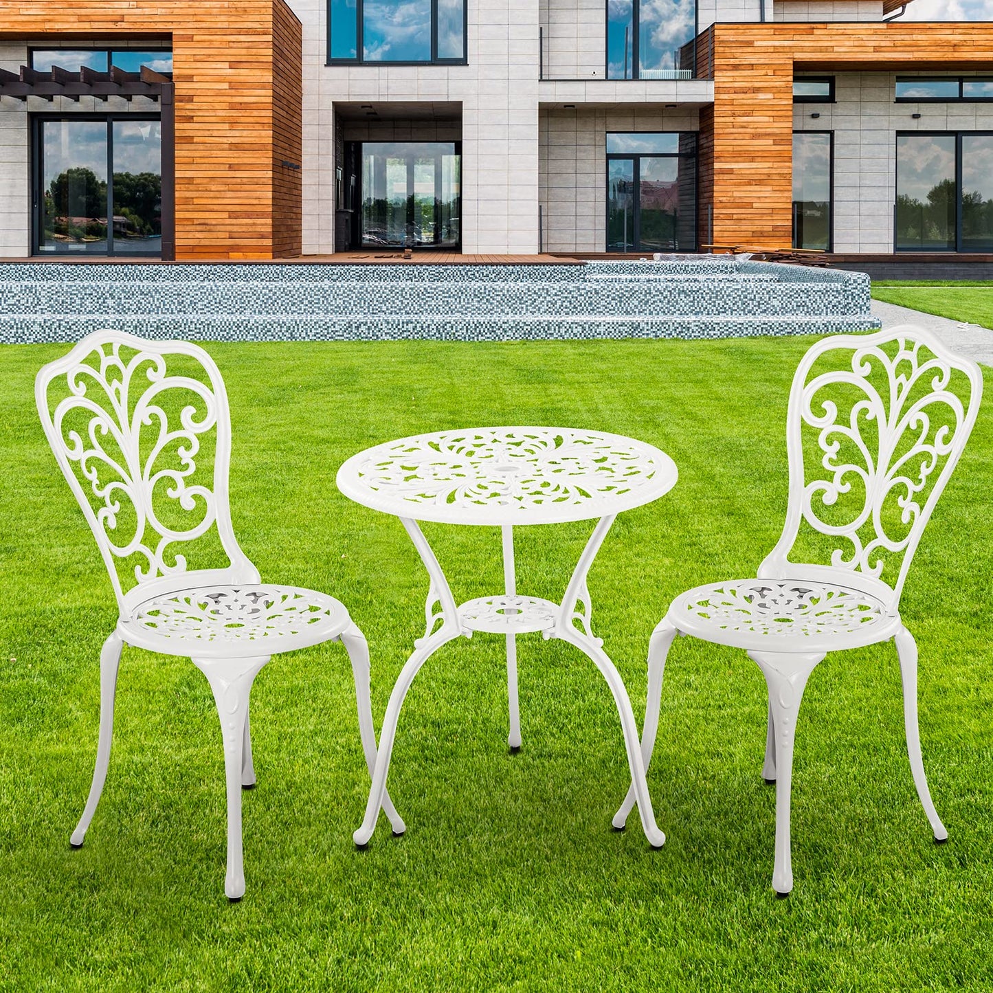 Withniture 3 Piece Patio Set Outdoor Cast Aluminum Patio Bistro Table and Chairs Set of 2,All Weather Outdoor Bistro Sets with 1.97" Umbrella Hole for Front Porch Set,Garden(White)