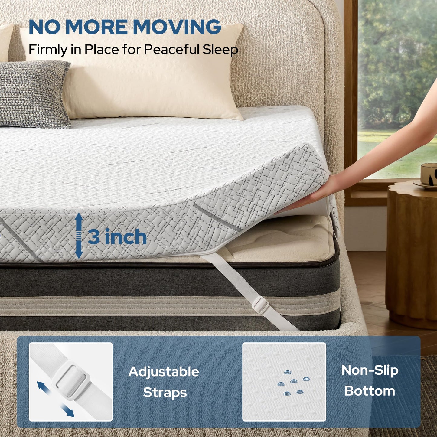 BEDLORE King Mattress Topper, 3 Inch Gel Memory Foam Mattress Pad with Straps for Back Pain Relief, Breathable & Non-Slip with Removable Washable Cover