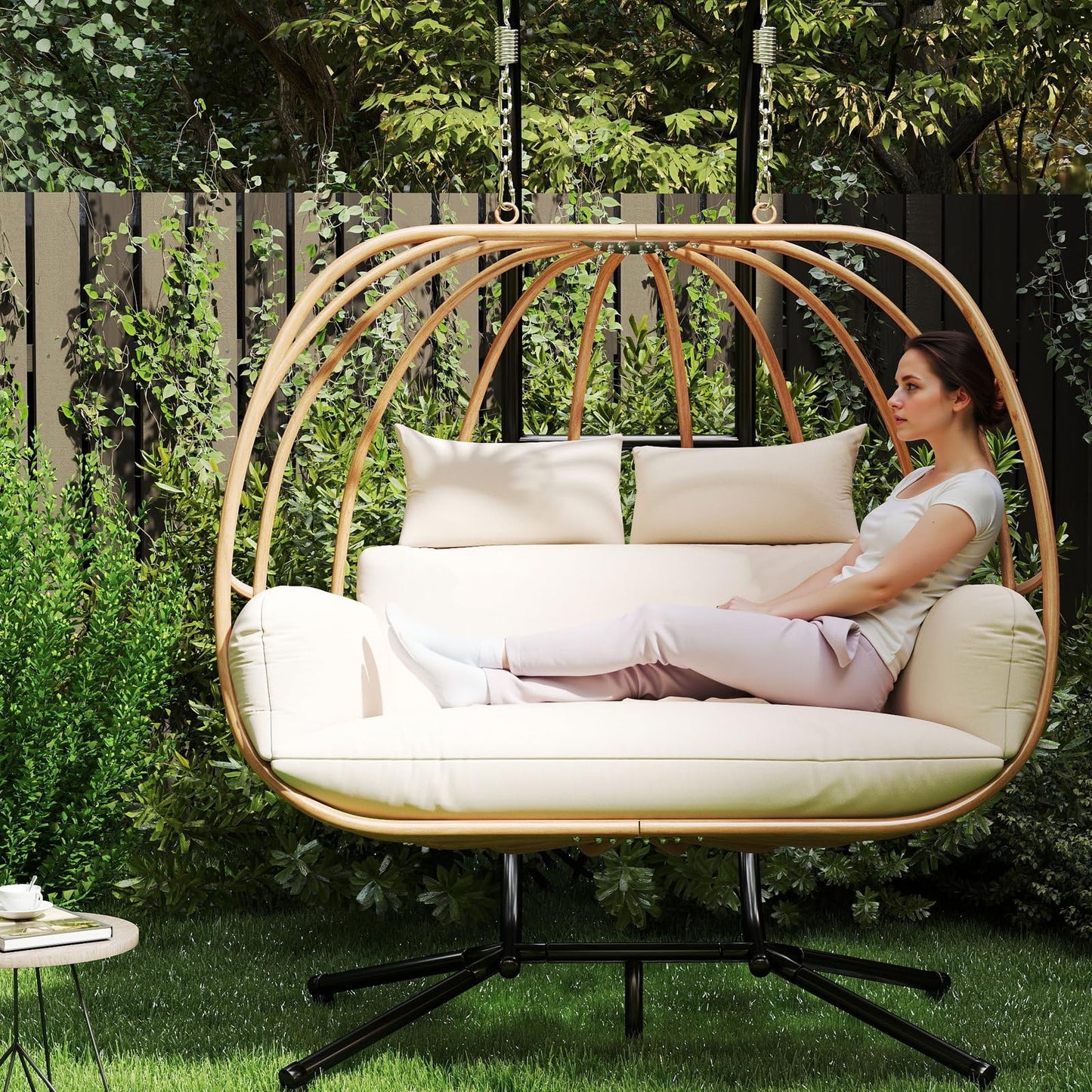 DAYAOUTDOOR Hanging Egg Chair with Stand, Egg Swing Chair Outdoor for Balcony, Patio Hanging Egg Chairs with Cushions for Relaxation in Bedrooms, Gardens, Beige