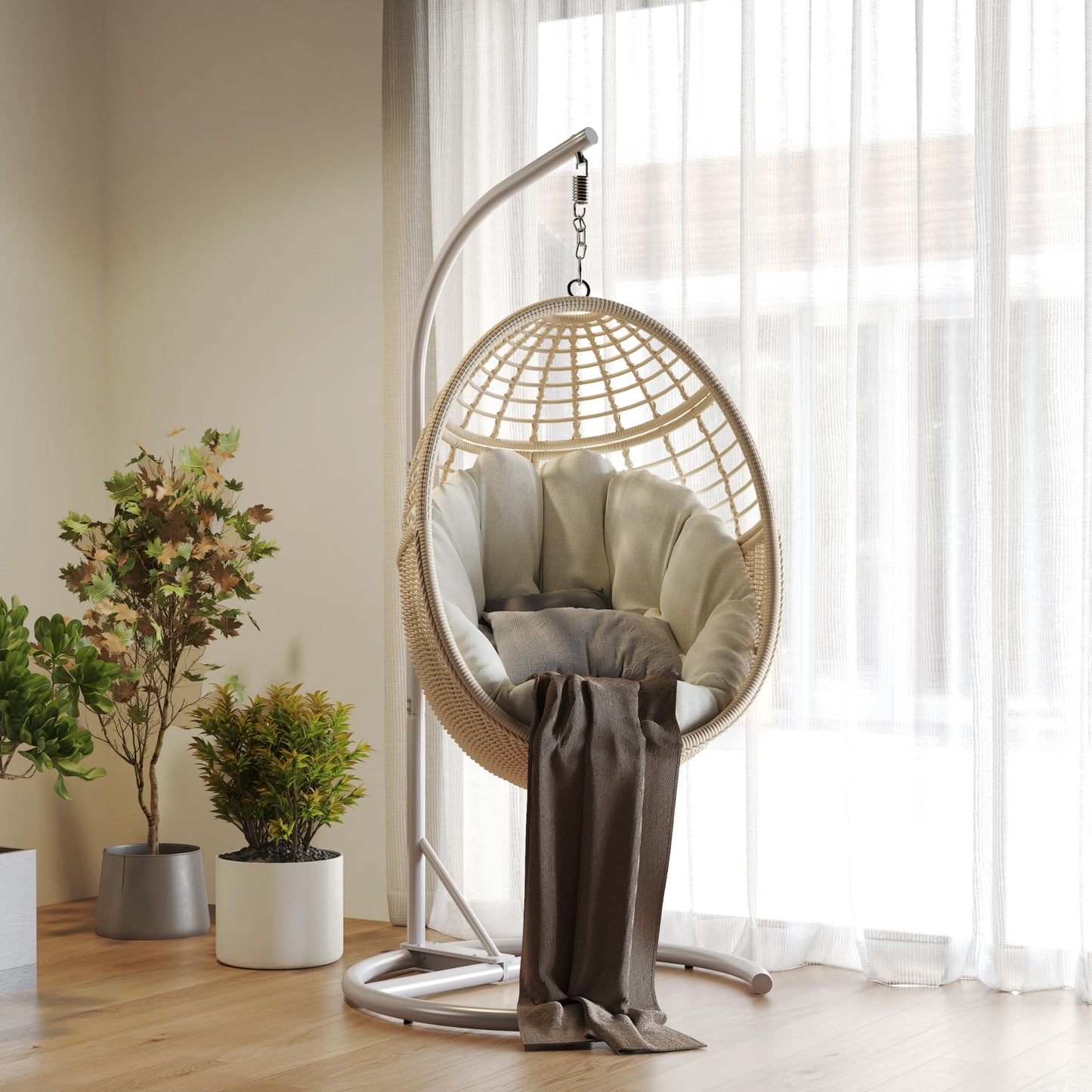 Erotr Egg Swing Chair with Stand: Hand Woven PE Rattan Hanging Chairs Hammock - Indoor Outdoor Swinging Lounger with Soft Cushion for 330lbs Patio Balcony Garden Living Room Bedroom Porch, Beige