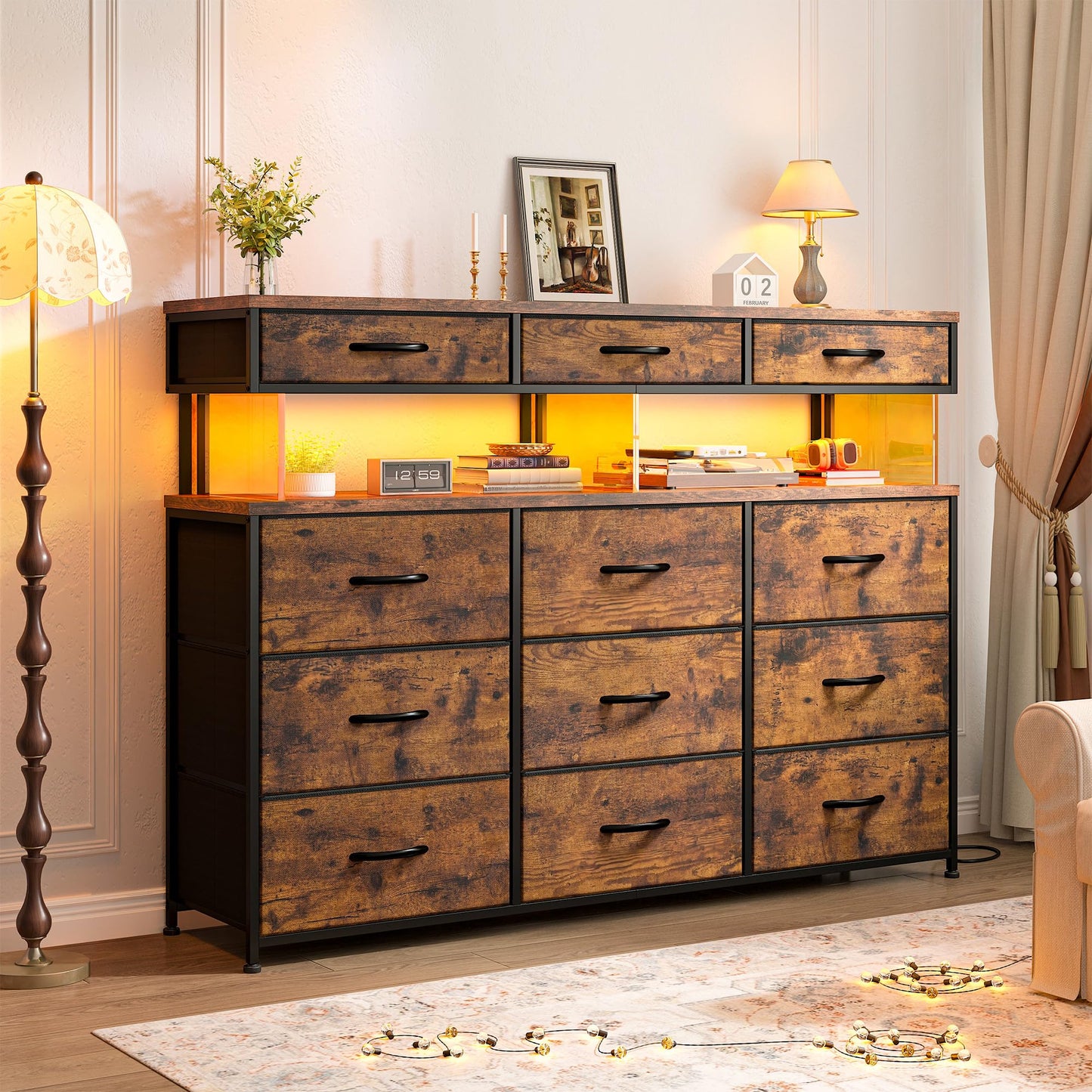 Dresser for Bedroom with 12 Drawers, Dresser with LED & Charging Station, 38.6''H Dressers & Chests of Drawers with with 10mm Sturdy Acrylic Sheet, for Bedroom, Closet, Entryway, Rustic Brown