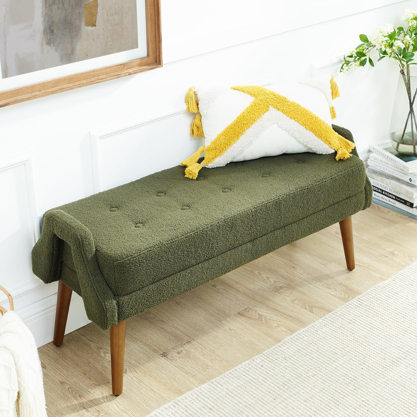 ECLYL Teddy Velvet Armrest Bench is Soft and Comfortable, with Dark Brown Wooden Legs That are Sturdy and Durable,inBedroom, Living Room, Family Room (Green)