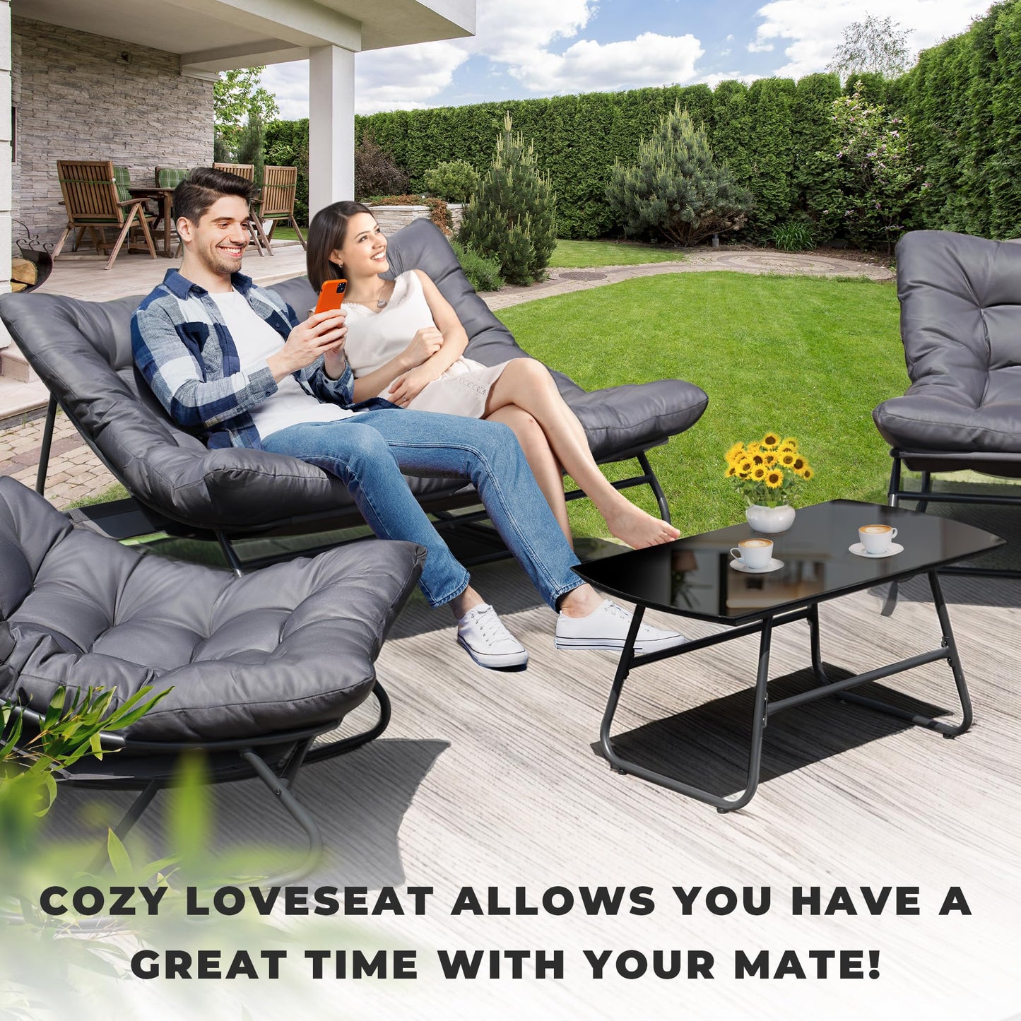 NOBLEMOOD 4 Pieces Patio Loveseat Set with Coffee Table, Outdoor Furniture Set with 2 Rocking Chairs, Outdoor Metal Conversation Set with Cushions, Oversized Rocker Chair, Coffee Table for Porch