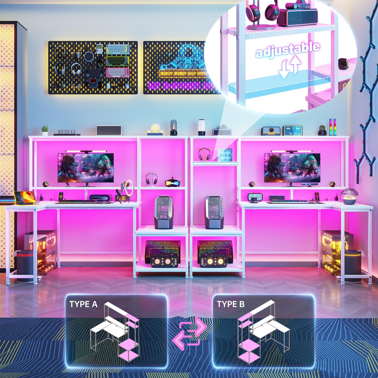 L Shaped Gaming Desk with LED Lights & Outlets,55" Computer Desk with Shelves & Storage Hutch,Reversible Corner Gaming Table with Printer Space & Monitor Stand for Game Room,Home Office,White