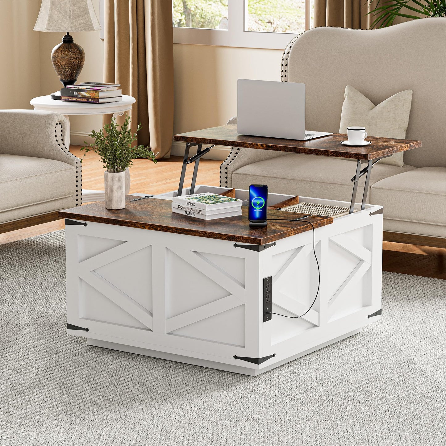 Ztexkee Lift Top Coffee Table with Storage, Farmhouse Coffee Table with Socket and LED Light 31.5" Square Center Table with Large Hidden Storage Compartment for Living Room, Bedroom Brown White