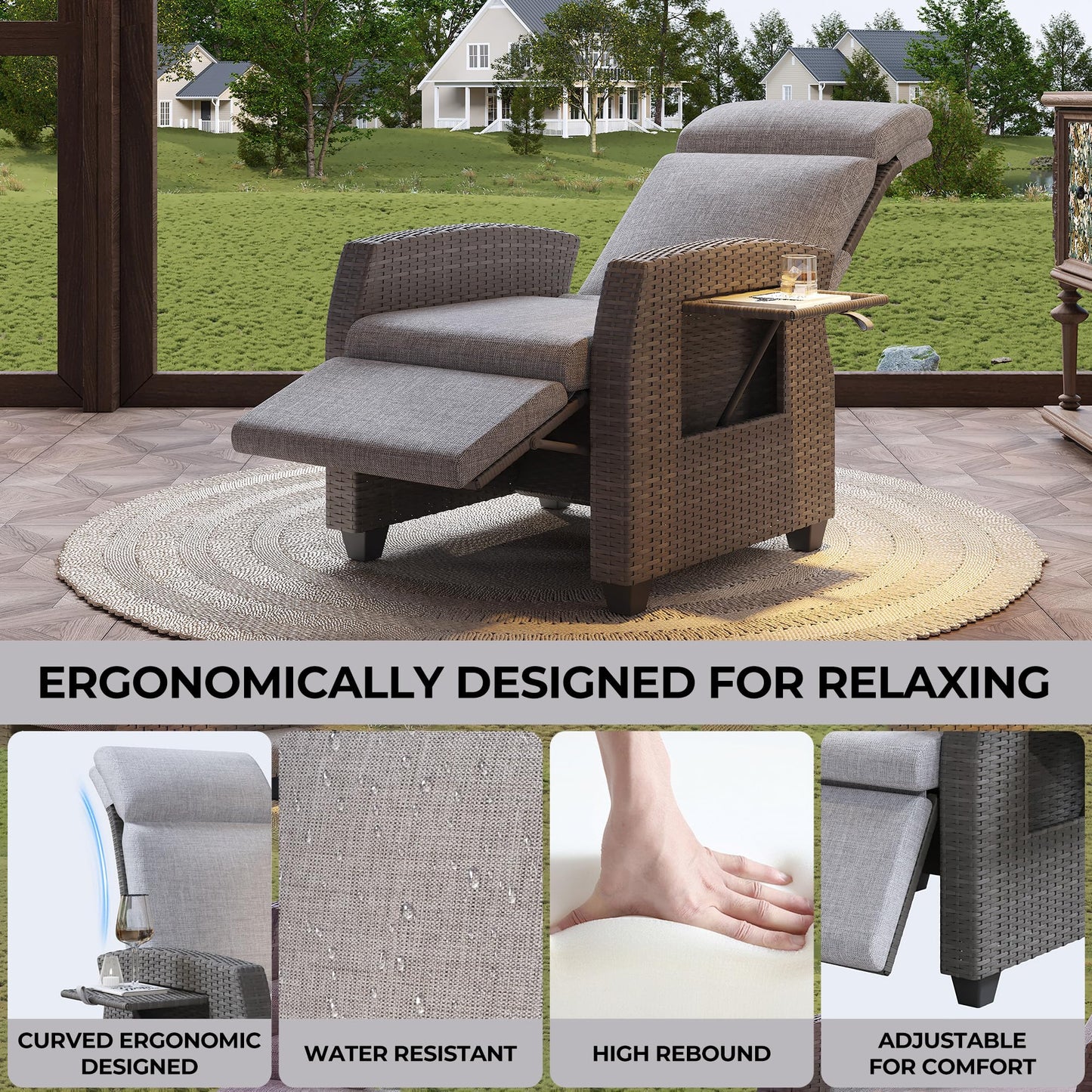 Outdoor Recliner with Independently Adjustable Backrest and Footrest, Patio Wicker Recliner Chair, All-Weather PE Wicker Patio Reclining Lounge Chair with Flip-Up Table Air Pump 155° Lay Flat