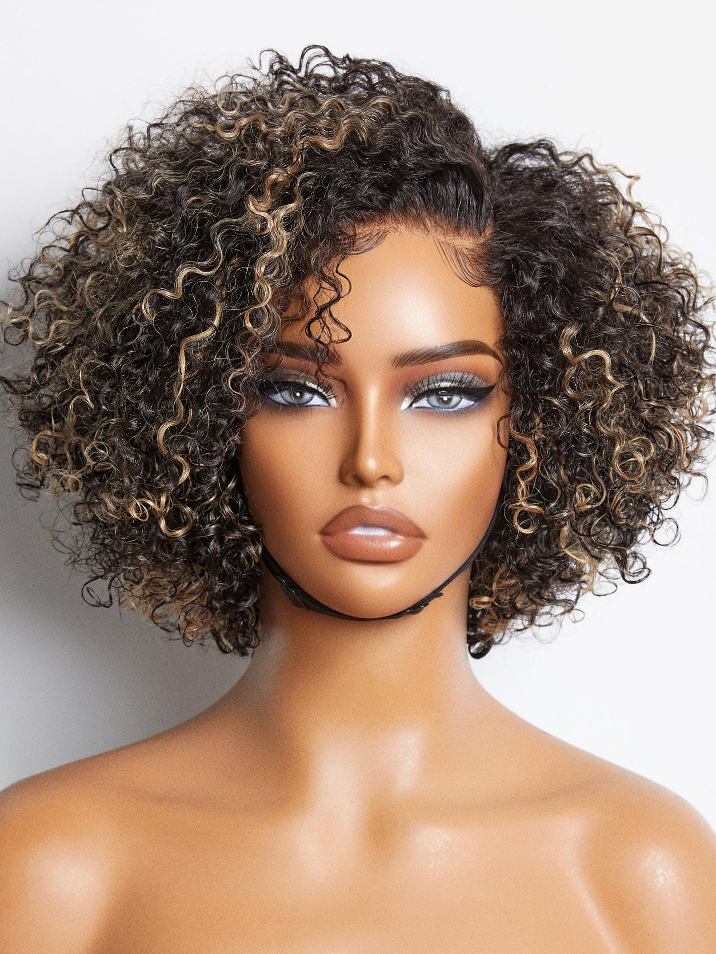 LUVME HAIR 8 Inch Blonde Highlight Short Curly Human Hair Wig Glueless Pre Plucked Left C Parted Ombre Bob Wig, Ready to Go Pre Cut HD Lace Closure Wig