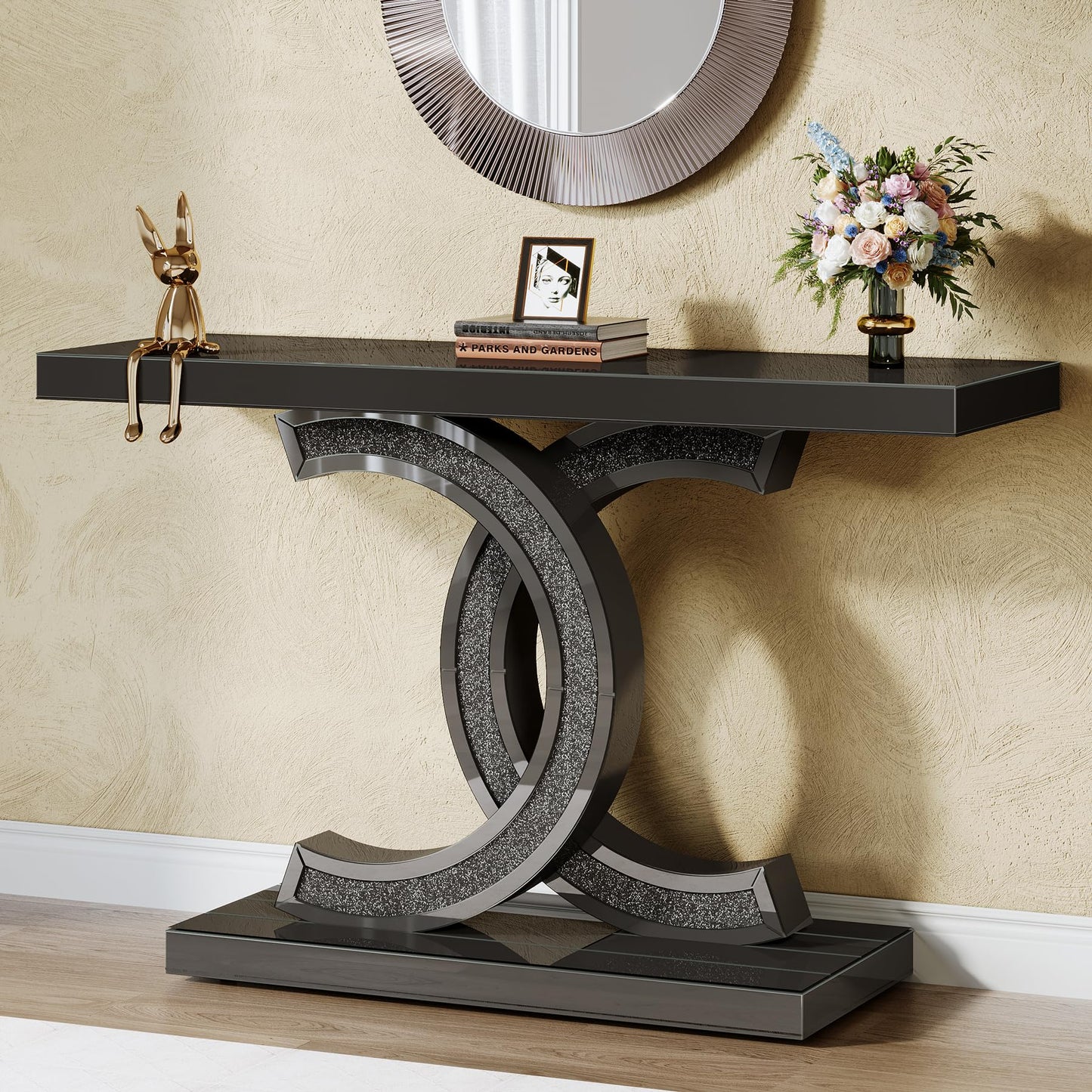 Mirrored Console Table, 39 Inch Modern Glass Entryway Table with C-Shaped Base, Black Finish Hallway Sofa Table for Living Room