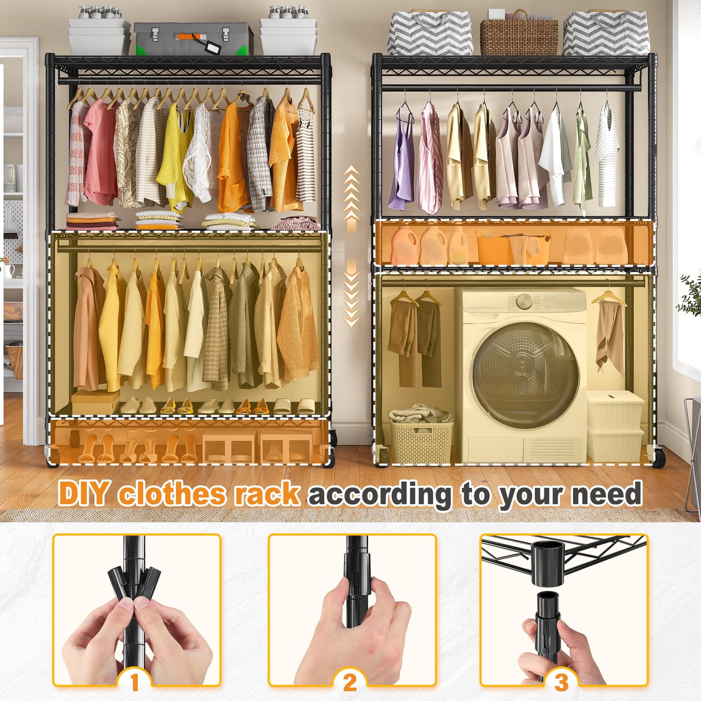 Raybee Clothes Rack with Cover, 81" H Clothing Racks for Hanging Clothes, Portable Closet with Wheels and Adjustable Feets, Max Load 440LBS, Black