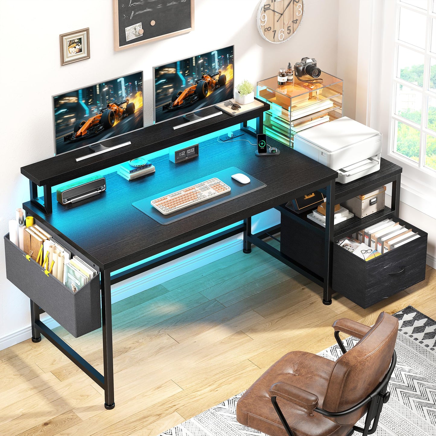Gaming Desk with Power Outlets and LED Lights,57" Computer Desk with Drawers and Printer Space,Office Desk with File Drawers Cabinet,Gaming Table with Shelves Monitor Stand,Living Room,Bedroom,Black