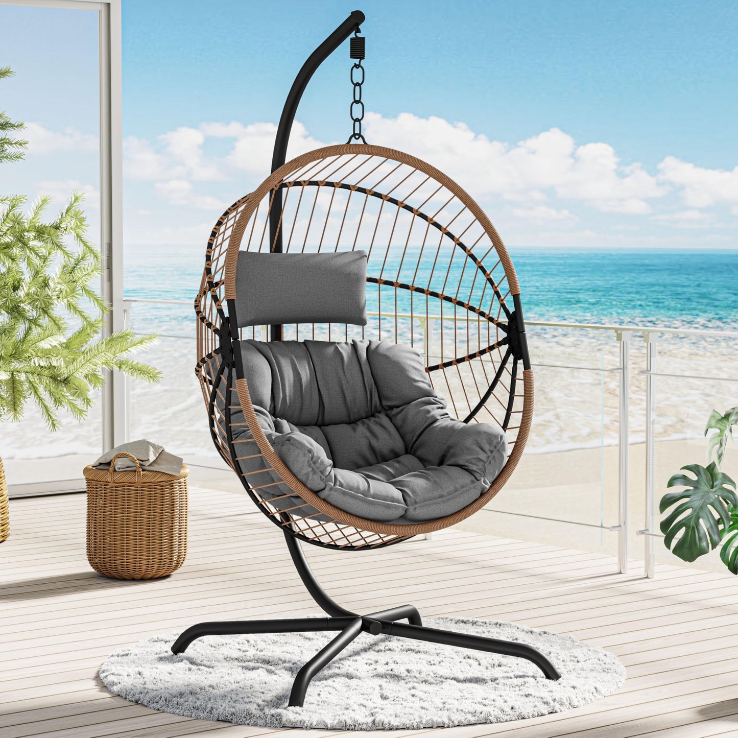 GREEN MORE Oversized Egg Swing Chair with Stand, Hanging Swing Chair, Foldable Hammock Chair with Steel Frame, 350LBS Capacity for Patio Garden Bedroom, Beige
