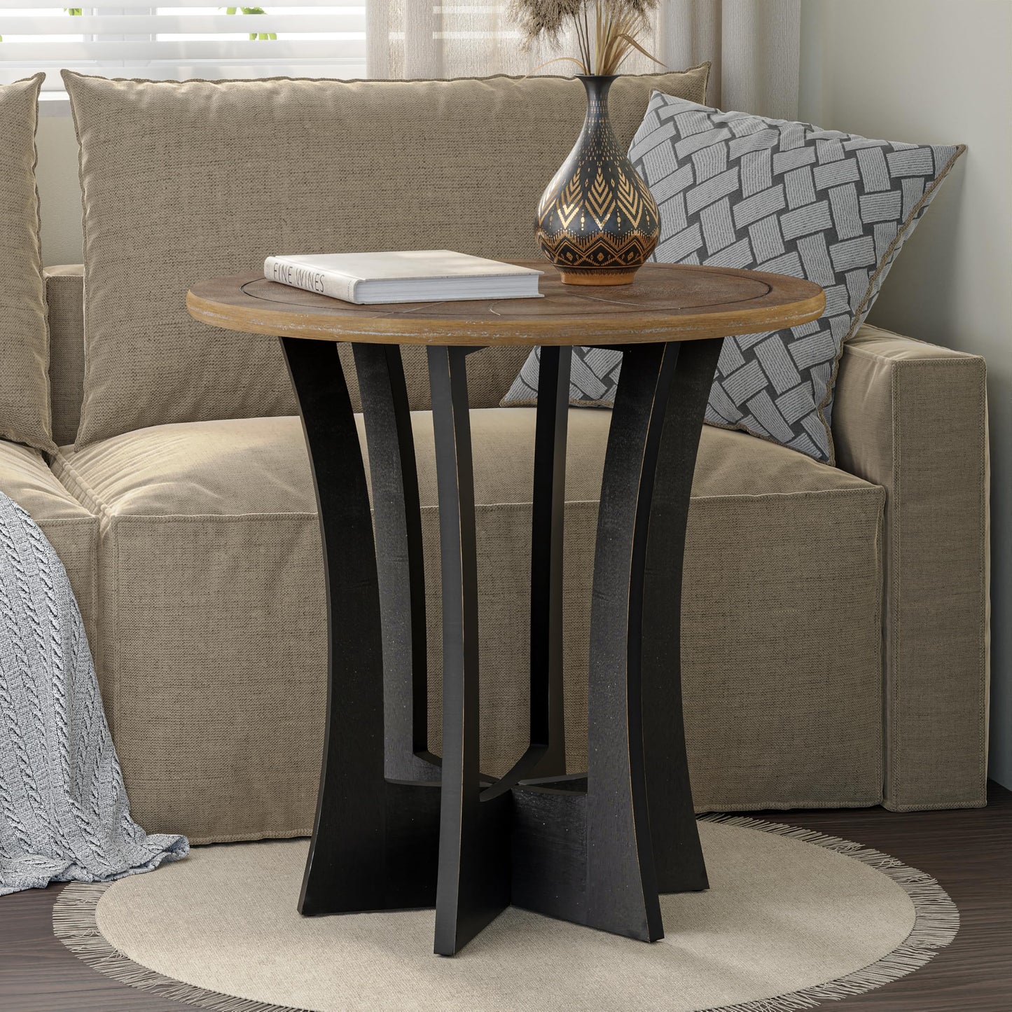 COZAYH Farmhouse Round End Table with Criss-Cross Wood Legs, Rustic French Country Side Table for Dinning or Living Room, Modern, Black, Natural Wood