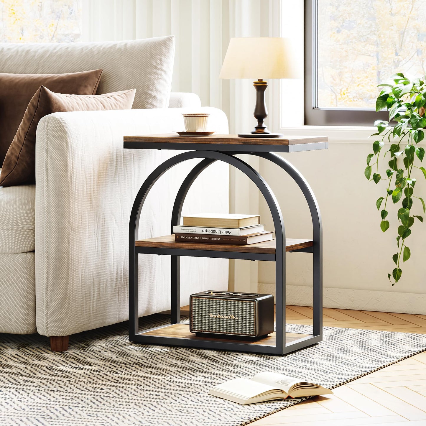 LIKEMET Side Table, End Table with 3-Tier Storage, 25" Bedside Table with Arched Metal Frame, Industrial Nightstand for Living Room, Bedroom, Rustic Brown