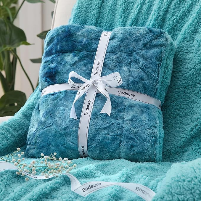 Bedsure Sherpa Blanket Twin Size - Soft, Fuzzy & Fluffy Faux Fur - Warm, Cozy Blanket for Couch, Sofa and Bed, Tie Dye Design, Teal, 60x80 Inches