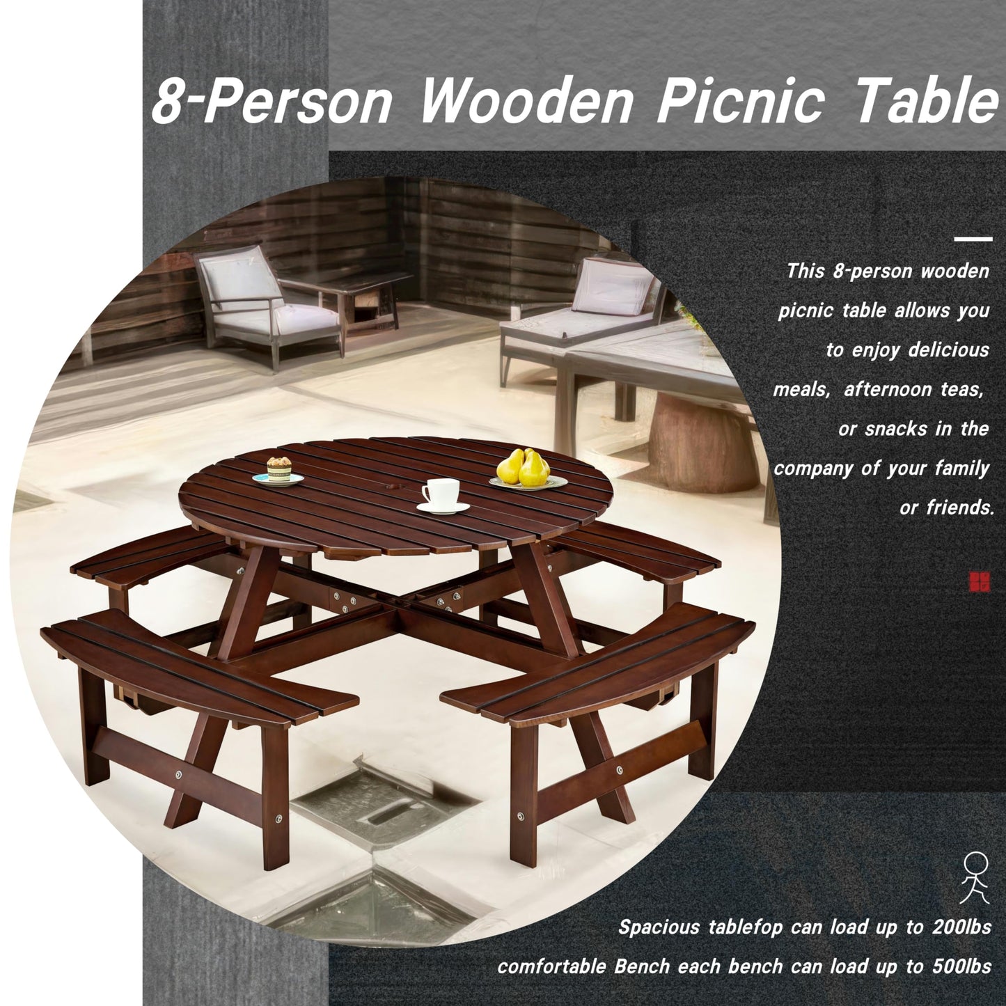 DOPERFE 8-Person Outdoor Picnic Round Table with Built-in Benches | All-Weather Wooden Patio Furniture for Gardens, Backyards and Porches | Includes 2" Umbrella Hole (Brown, 70.08"*70.08"*27.17")