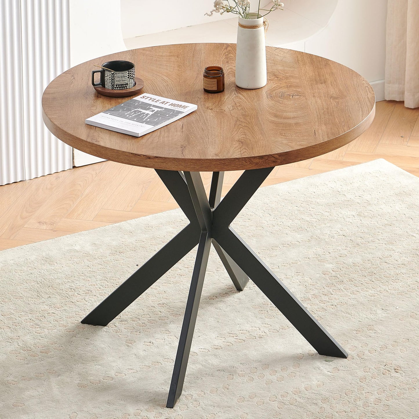 Homedot Round Dining Table Set for 4, Modern 5-Piece Kitchen Table Set, 37" Round MDF Living Coffee Table with 4 Seated Boucle Dining Chairs Upholstered, Metal Legs for Dining Hall, Living Room