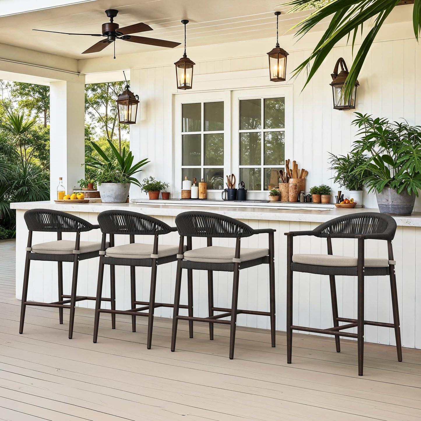 Cozyman Bar Stools Set of 4, 24.8'' Aluminum Outdoor Bar Stool with Removable Cushion, Boho Rattan BarStools, Olefin Rope Woven Bar Chairs with Footrest for Patio, Garden, Pool, Kitchen, Black