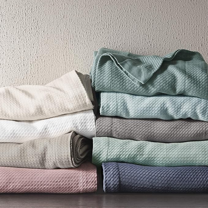Madison Park Soft Certified 100% Egyptian Cotton Breathable Cozy Blanket, Premium Waffle Knit Classic Design, Luxury All Season Lightweight Cover for Bed, Couch and Sofa, Seafoam Full/Queen(90"x90")