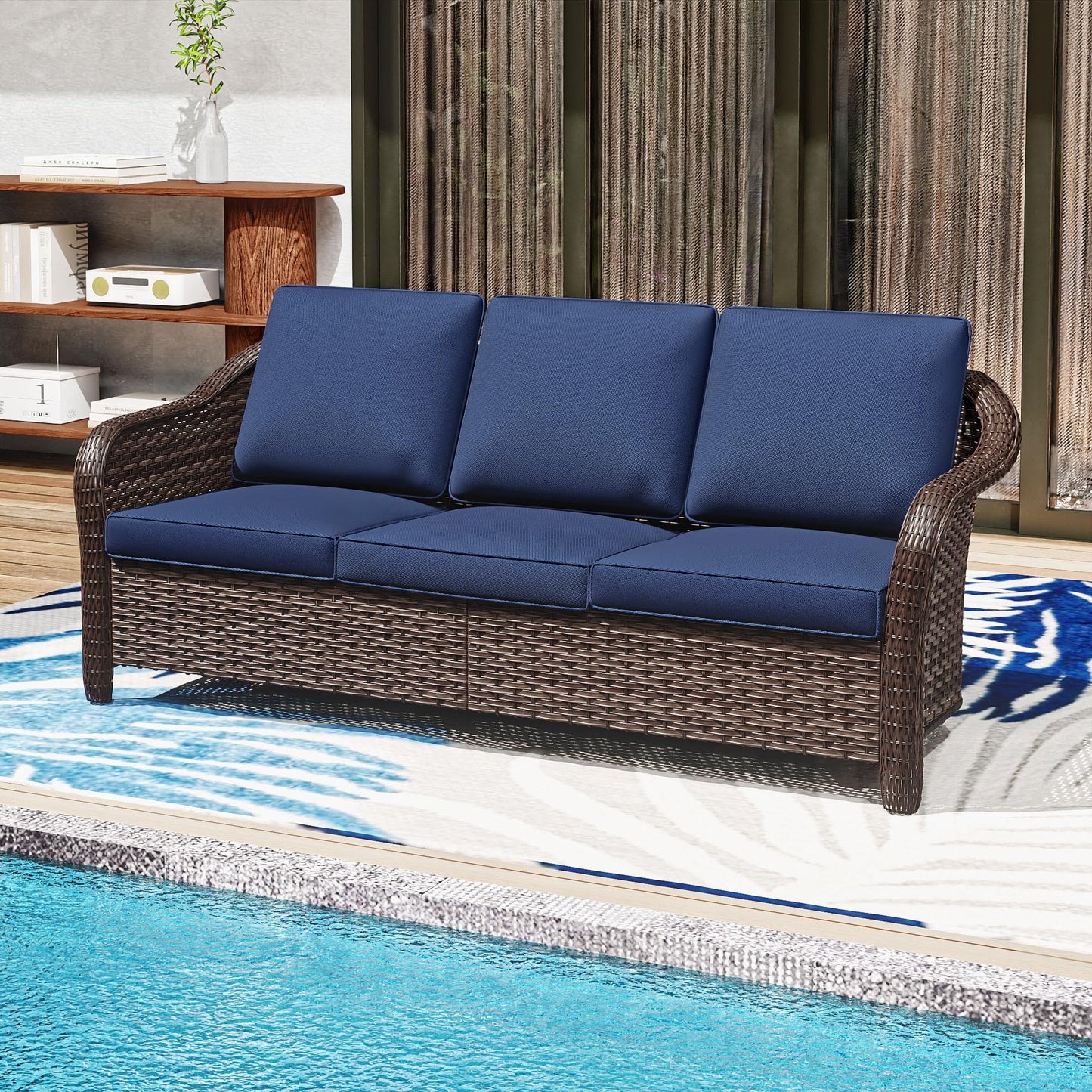 MeetLeisure 78" Wicker 3-seat Sofa, Outdoor Conversation Furniture, All-Weather Rattan Couch, Steel Frame Couch with Cushions for Garden, Poolside, Porch (Navy Blue)