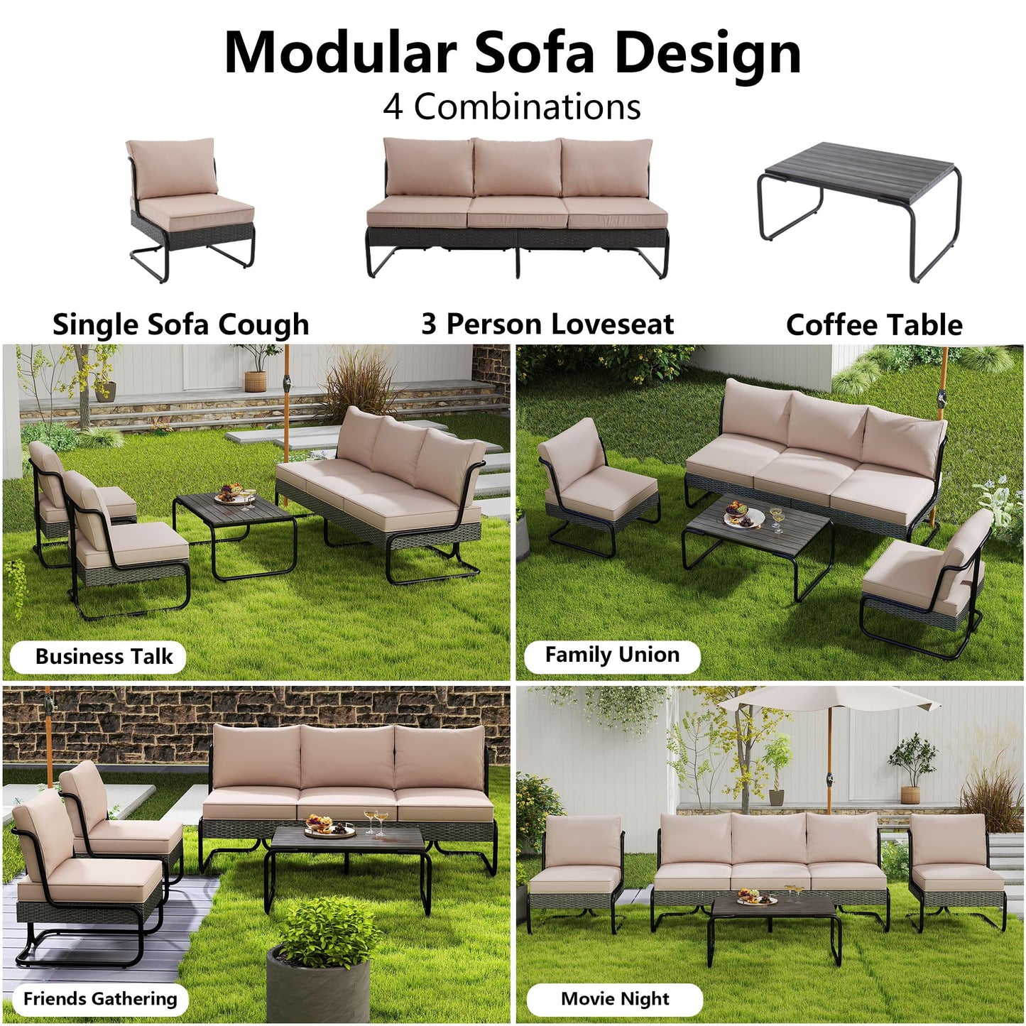 DAYARUS 4 Piece Patio Furniture Set, Modern Patio Conversation Set for 5, All Weather Bistro Furniture Set, Metal Patio Sofas Outdoor Sectional with Coffee Table and Cushions for Lawn/Garden, Khaki