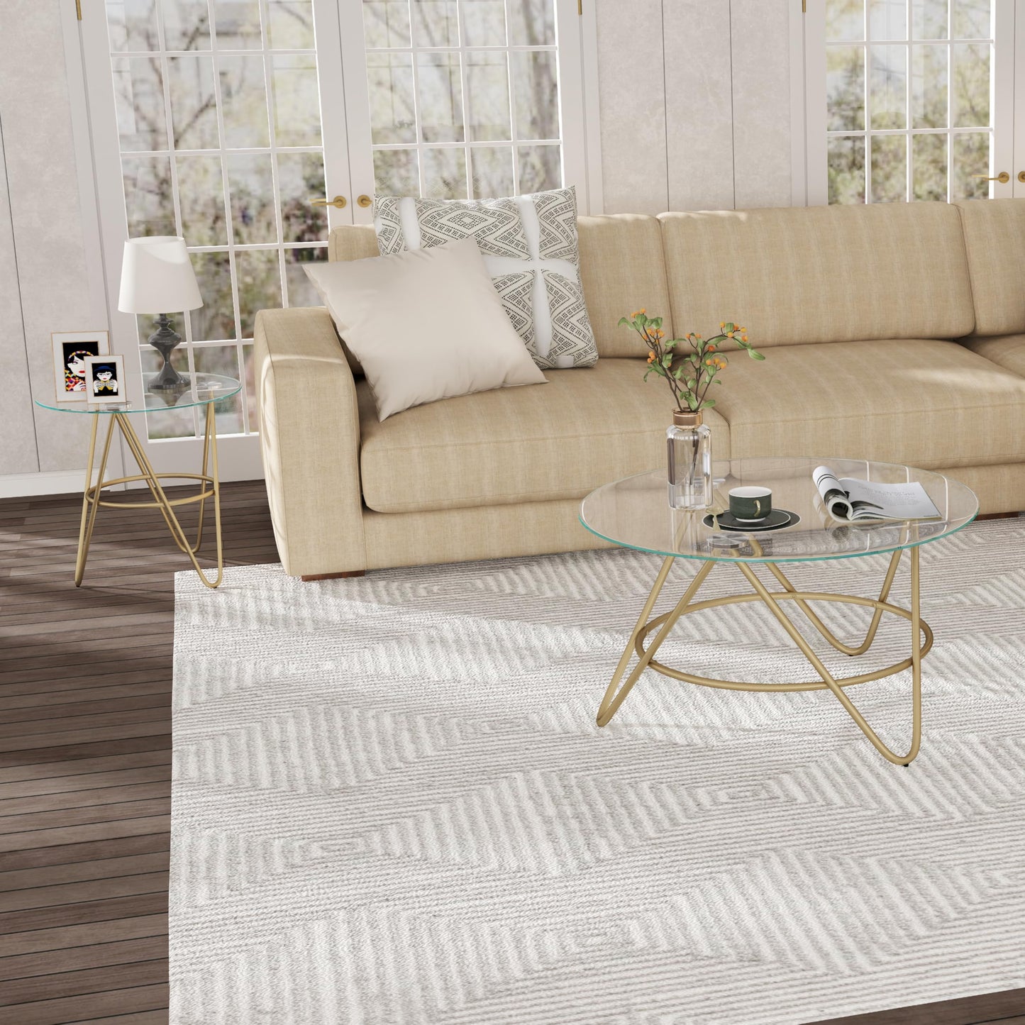OIOG Round Coffee Table, Glass Coffee Table for Living Room, Bedroom, Home Office, Modern Coffee Table with Tempered Glass Tabletop, Gold