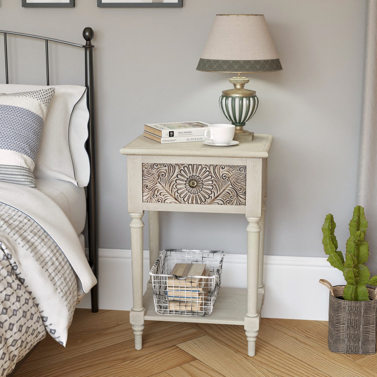 COSIEST Vintage Nightstand, MDF 2-Tier Bedside Table, Wood Accent End Table with Storage Drawer and Open Display Shelf for Bedroom Living Room