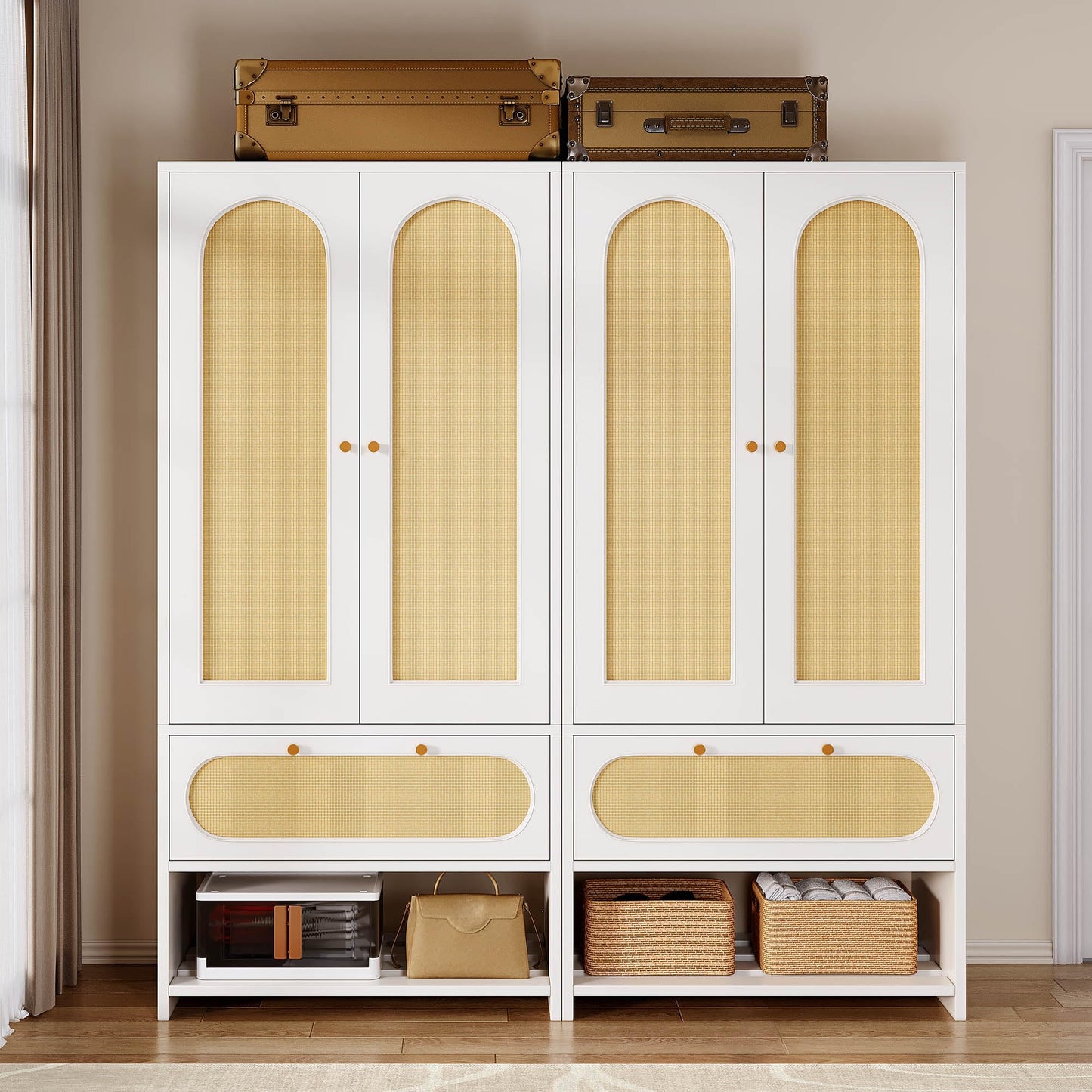 YITAHOME Rattan Wardrobe Closet Set of 2 70" Tall Rattan Armoire with Doors, Large Storage Cabinet with Drawers & Hanging Rod-White