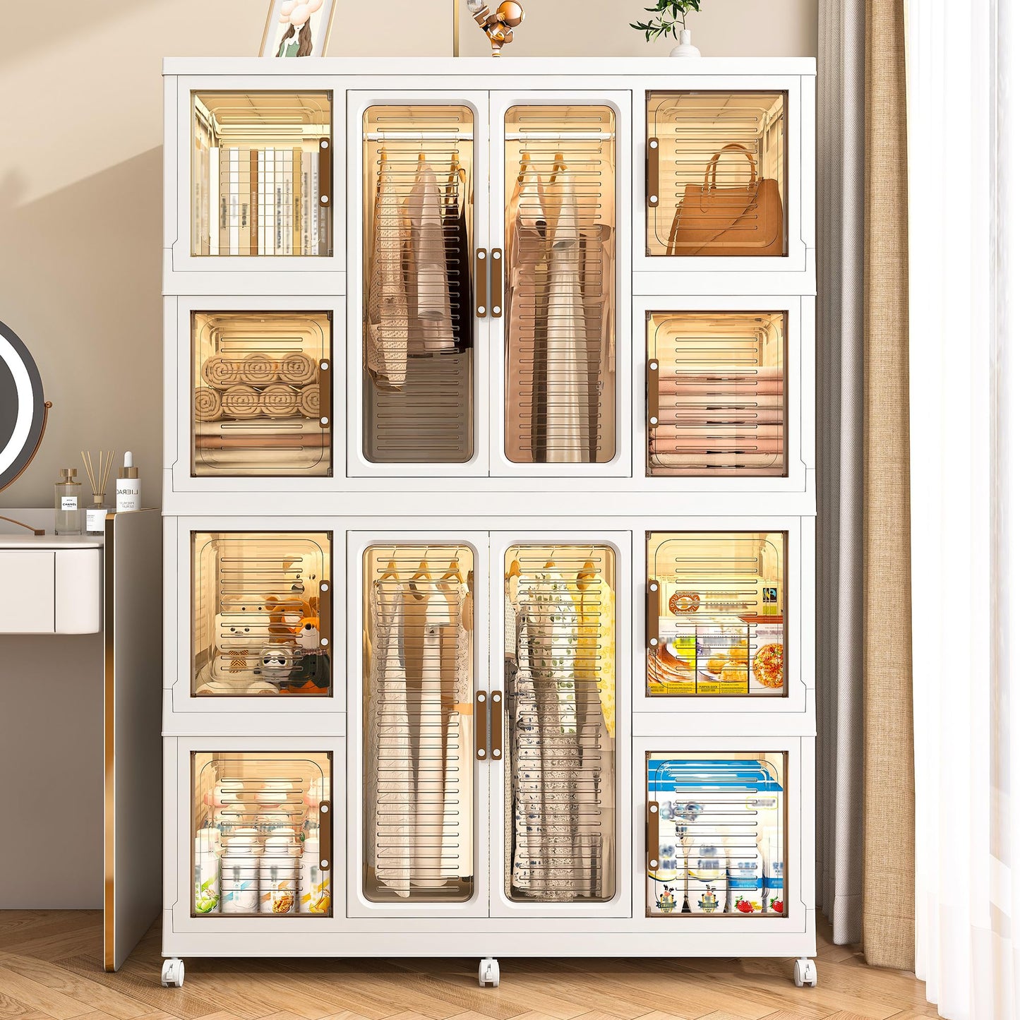 Montary Portable Kids Closet, Children's Wardrobe Closet with Transparent Doors, Plastic Baby Wardrobe Storage Cabinet with 12 Cubes, 2 Hanging Rod & 16 Hangers, Suitable for Living Room, Bedroom