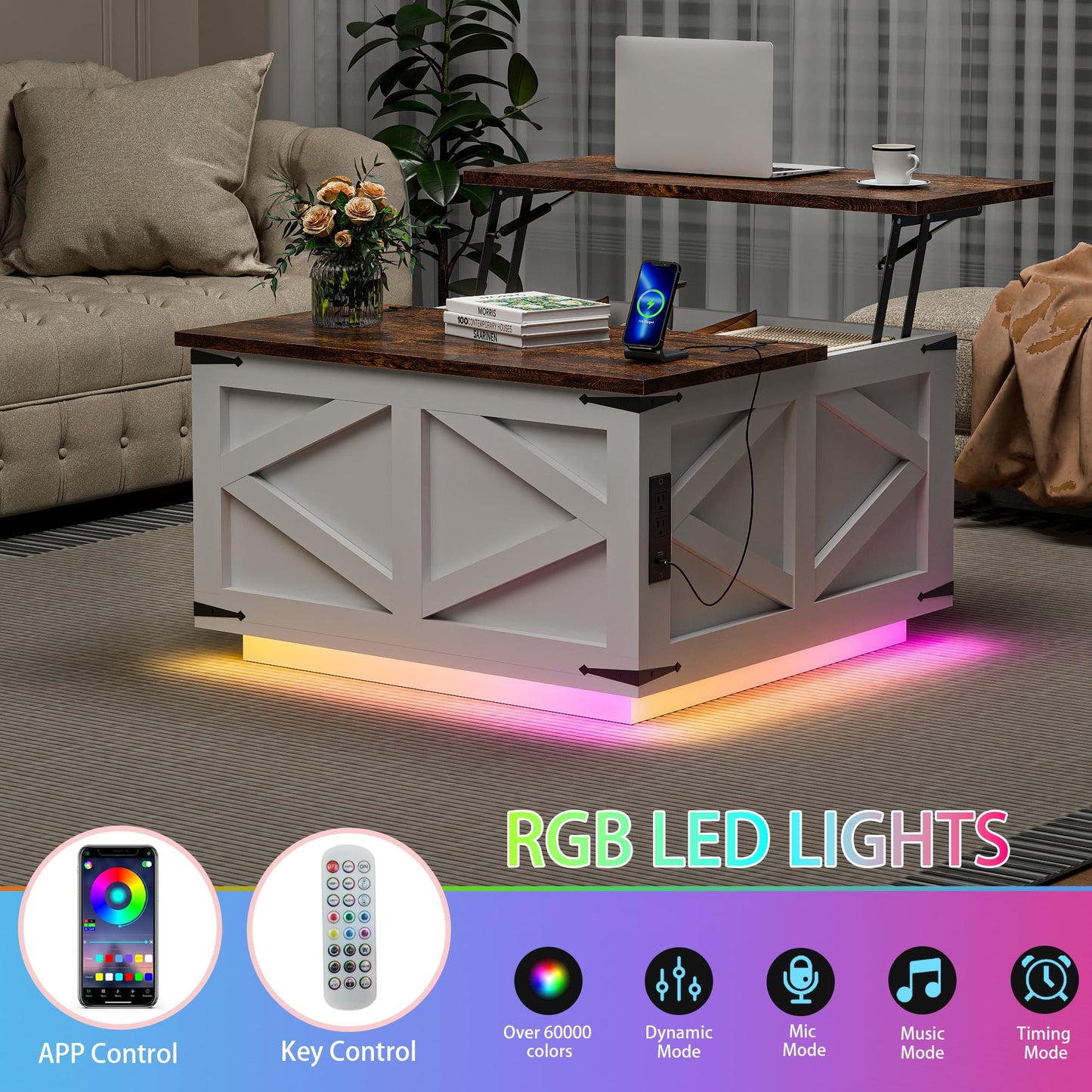 Ztexkee Lift Top Coffee Table with Storage, Farmhouse Coffee Table with Socket and LED Light 31.5" Square Center Table with Large Hidden Storage Compartment for Living Room, Bedroom Brown White