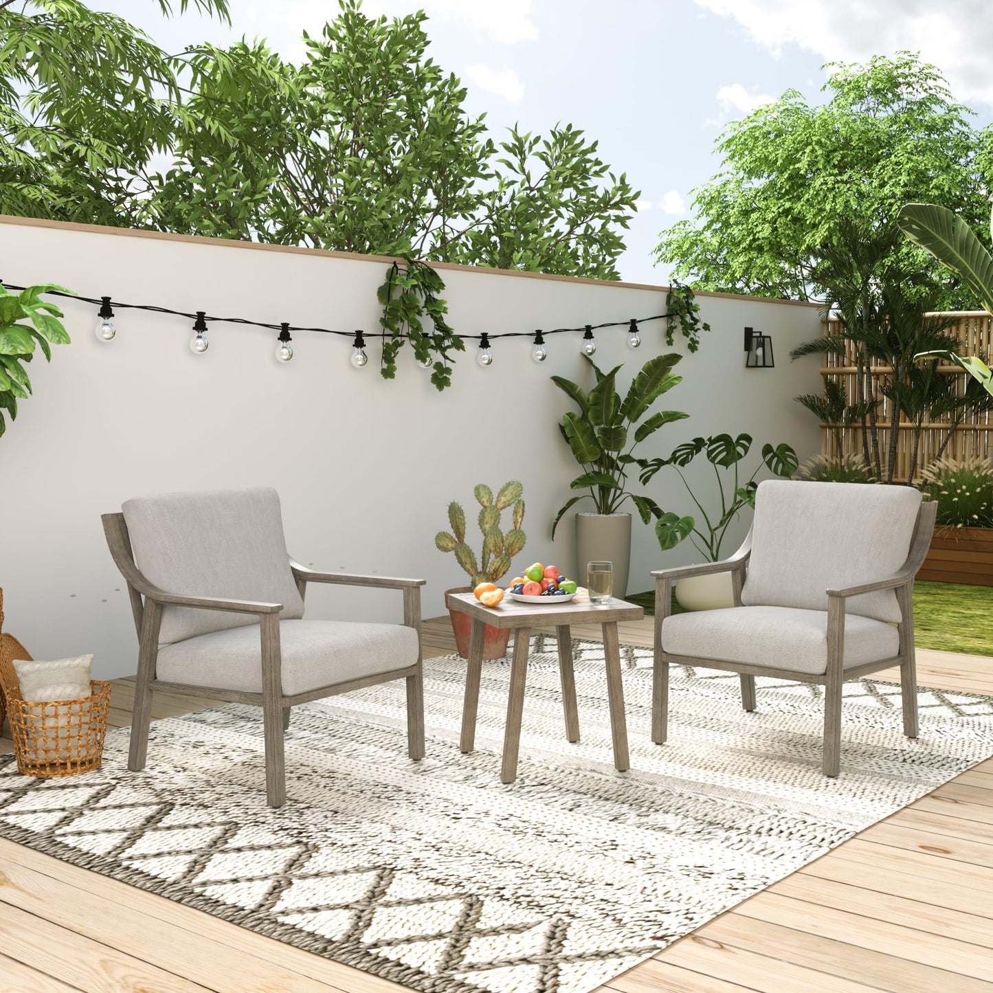 HAPPATIO 3-Piece Patio Bistro Set, All-Weather Aluminum Outdoor Conversation Set Includes 1 Side Table and 2 Cushioned Armchairs for Porch, Deck, or Garden (Grey)