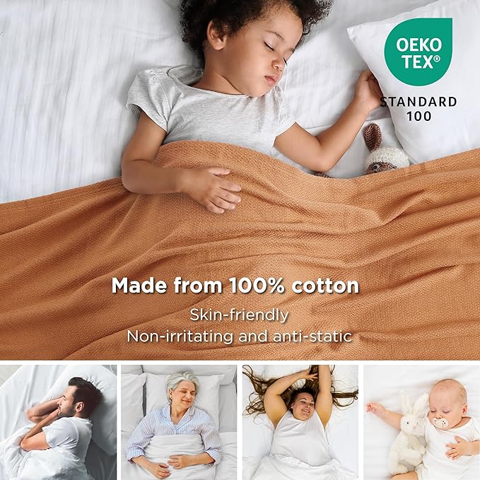 Bedsure 100% Cotton Blanket Twin XL Size for Bed - Breathable and Lightweight, Soft Cozy Textured Herringbone Woven Blanket for Summer Spring, Burnt Orange, 66x90 inches