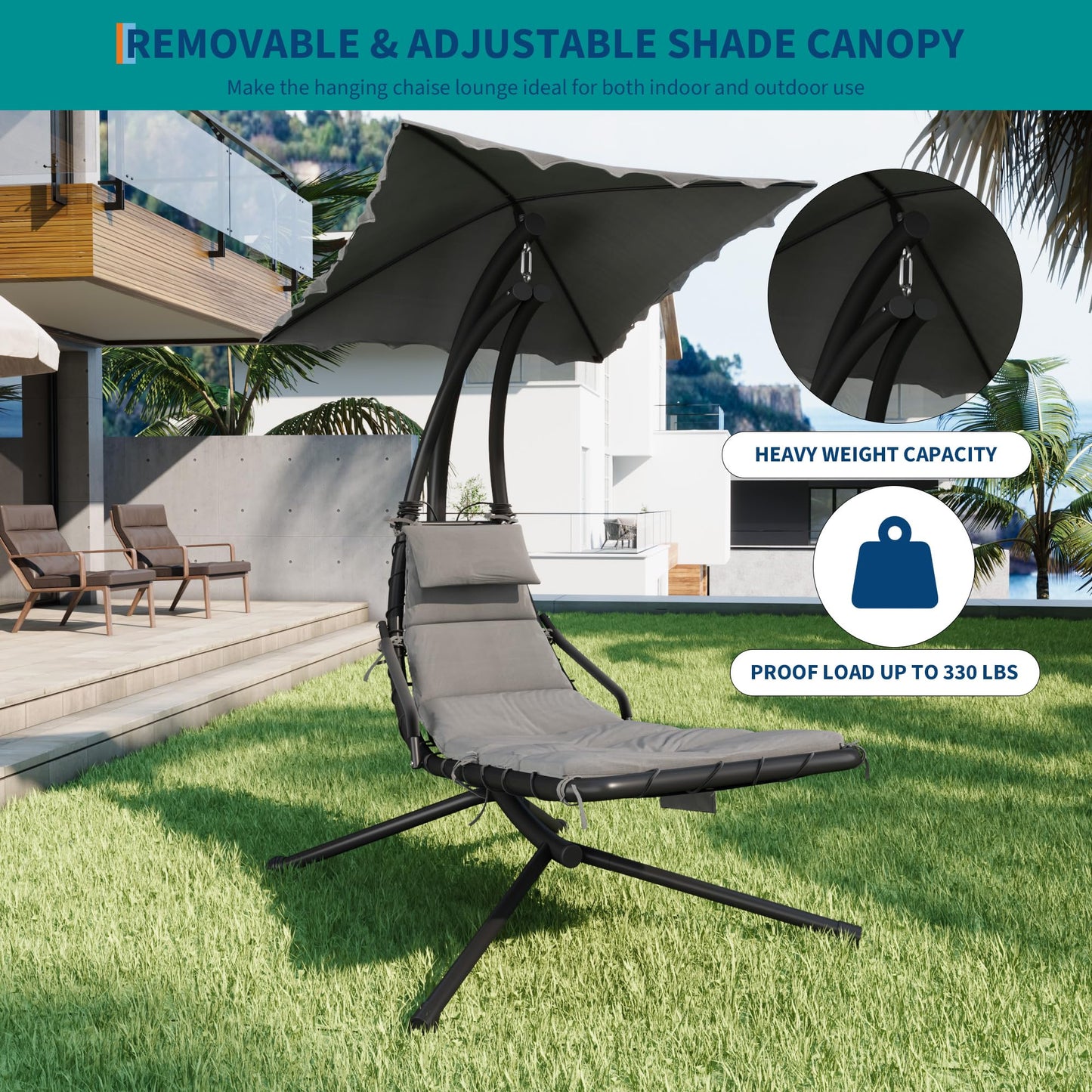 LuyFuitre Hanging Chaise Lounge Swing Chair, Hanging Curved Chaise Lounge Chair Umbrella, Curved Steel Hammock Lounger Chairs for Outdoor Indoor Patio Pool Garden Backyard Porch