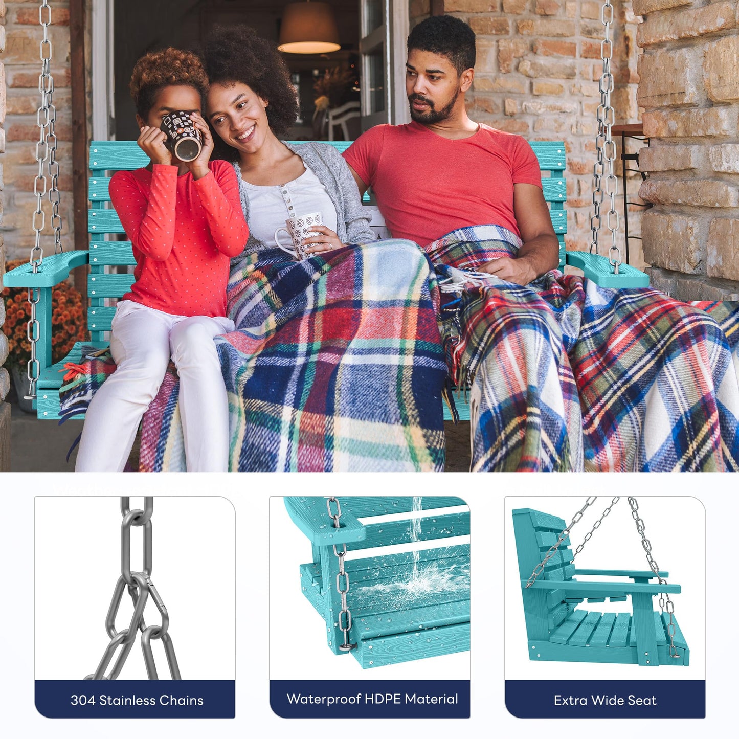 KINGYES Outdoor Hanging Porch Swing, 2 Seat Patio Swing Chair with Cup Holders, Waterproof Swing Chair Bench for Courtyard & Garden, 660LBS Weight Capacity, Aruba Blue