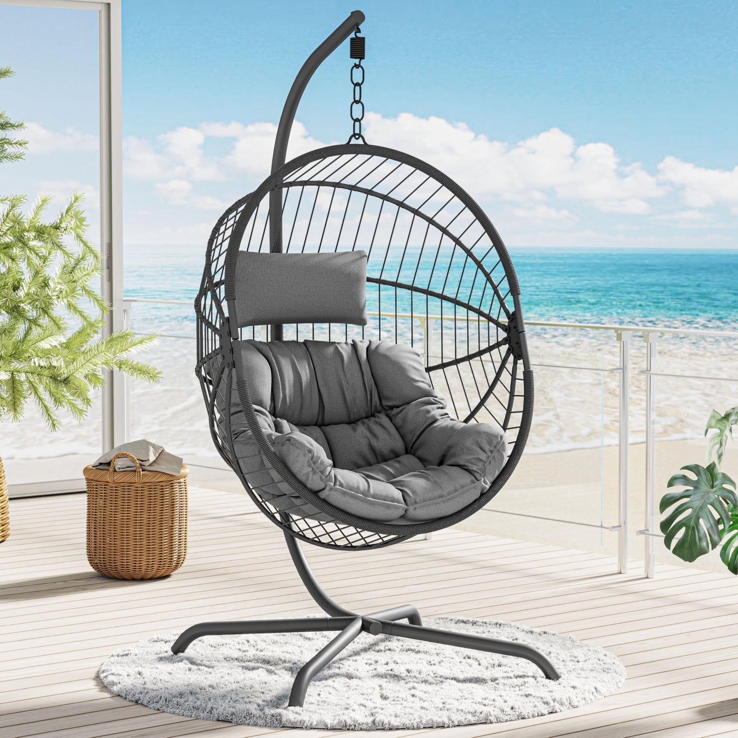 GREEN MORE Oversized Egg Swing Chair with Stand, Hanging Swing Chair, Foldable Hammock Chair with Steel Frame, 350LBS Capacity for Patio Garden Bedroom, Grey