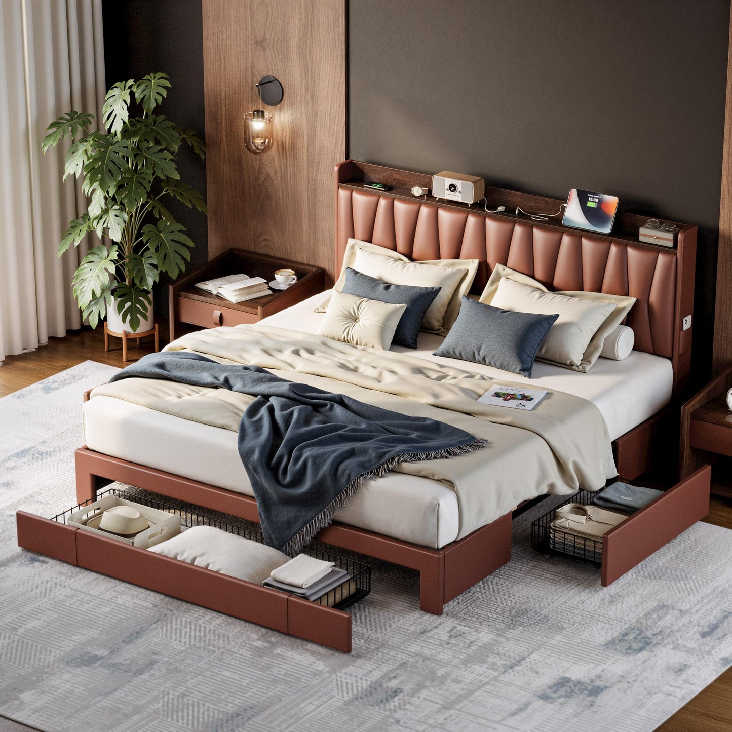 ANCTOR King Bed Frame with 3 Drawers, Storage Headbord with Charging Station, Platform Storage Bed Frame for Bedroom, Living Room, No Box Spring, Faux Leather, Brown