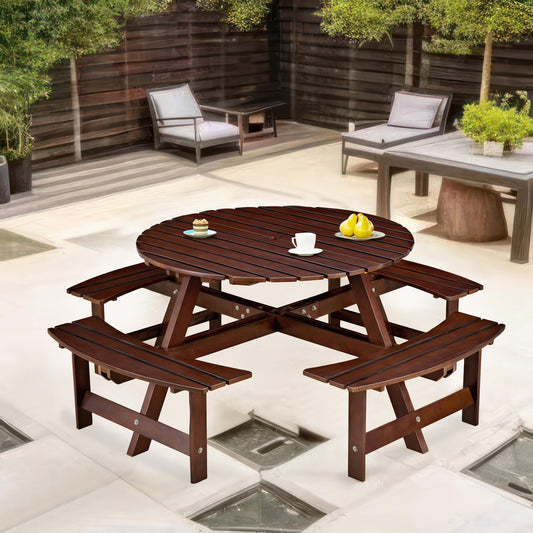 DOPERFE 8-Person Outdoor Picnic Round Table with Built-in Benches | All-Weather Wooden Patio Furniture for Gardens, Backyards and Porches | Includes 2" Umbrella Hole (Brown, 70.08"*70.08"*27.17")
