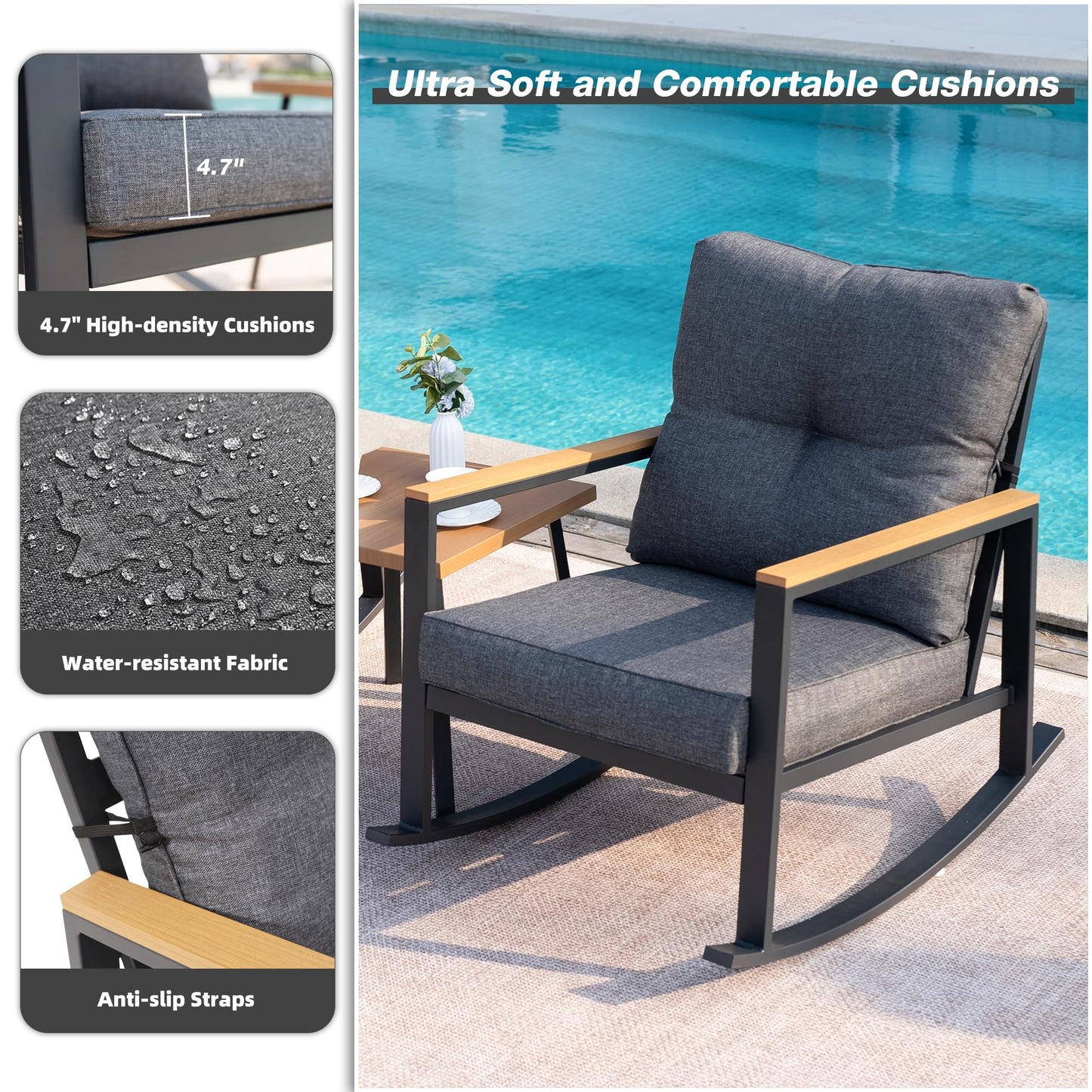 COMLAX FIELD 3 Pieces Rocking Bistro Set, Outdoor Patio Furniture Set with Thick Cushions and Coffee Table, Patio Conversation Sets for Garden, Balcony, Backyard, Grey