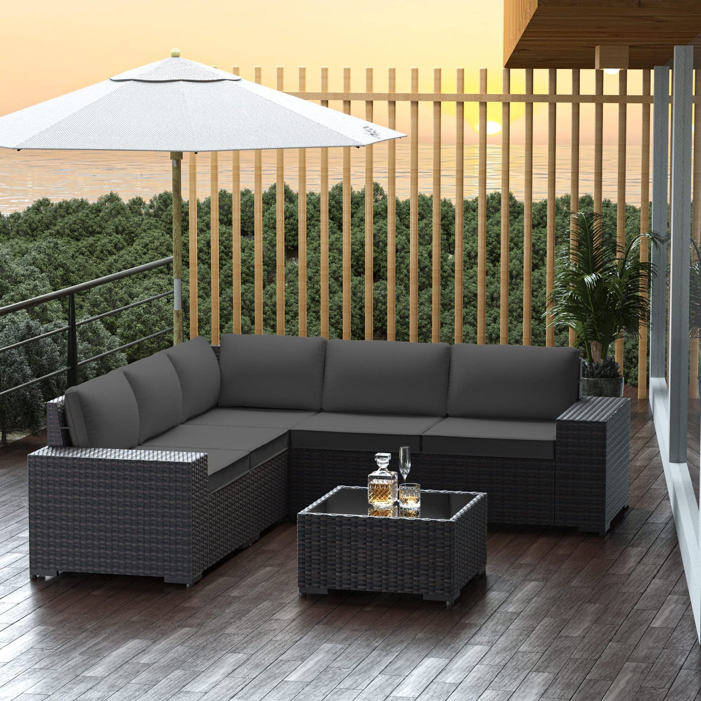 RTDTD Outdoor Patio Furniture Set, 6 Pieces Outdoor Furniture All Weather Patio Sectional Sofa PE Wicker Modular Conversation Sets with Coffee Table,5 Chairs & Seat Clips (Grey)